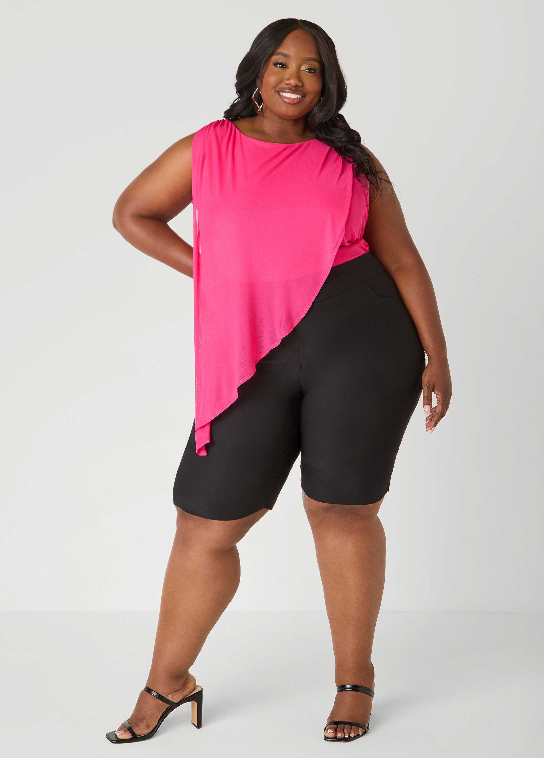 Asymmetric Draped Mesh Top White | Ashley Stewart