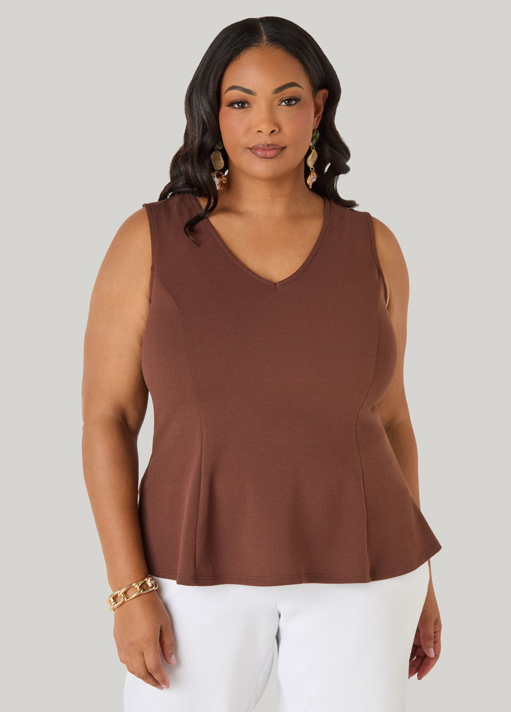V Neck Stretch Crepe Peplum Top Cocoa | Ashley Stewart