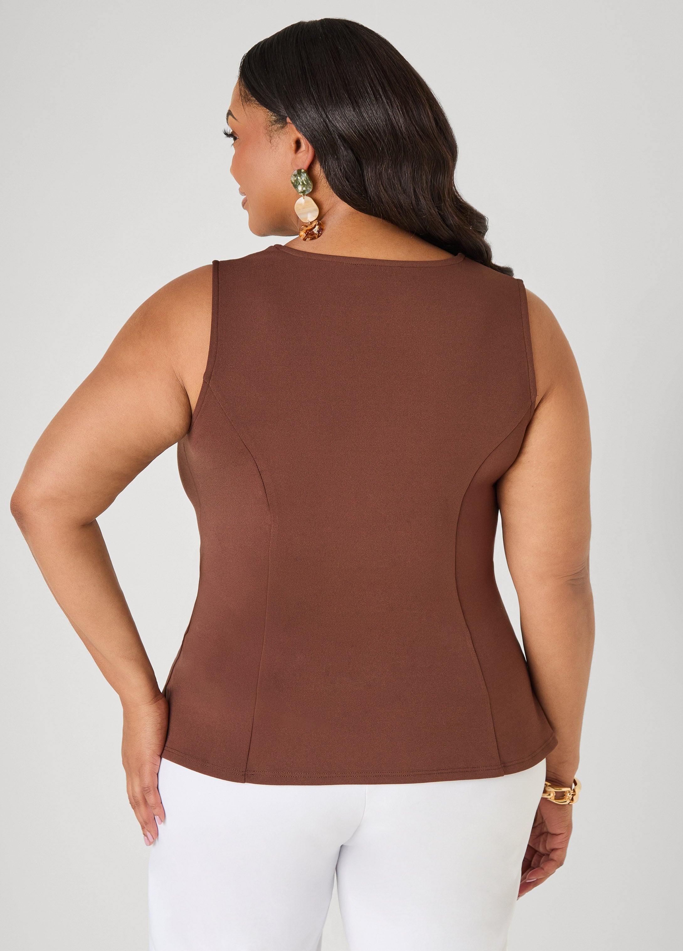V Neck Stretch Crepe Peplum Top Cocoa | Ashley Stewart