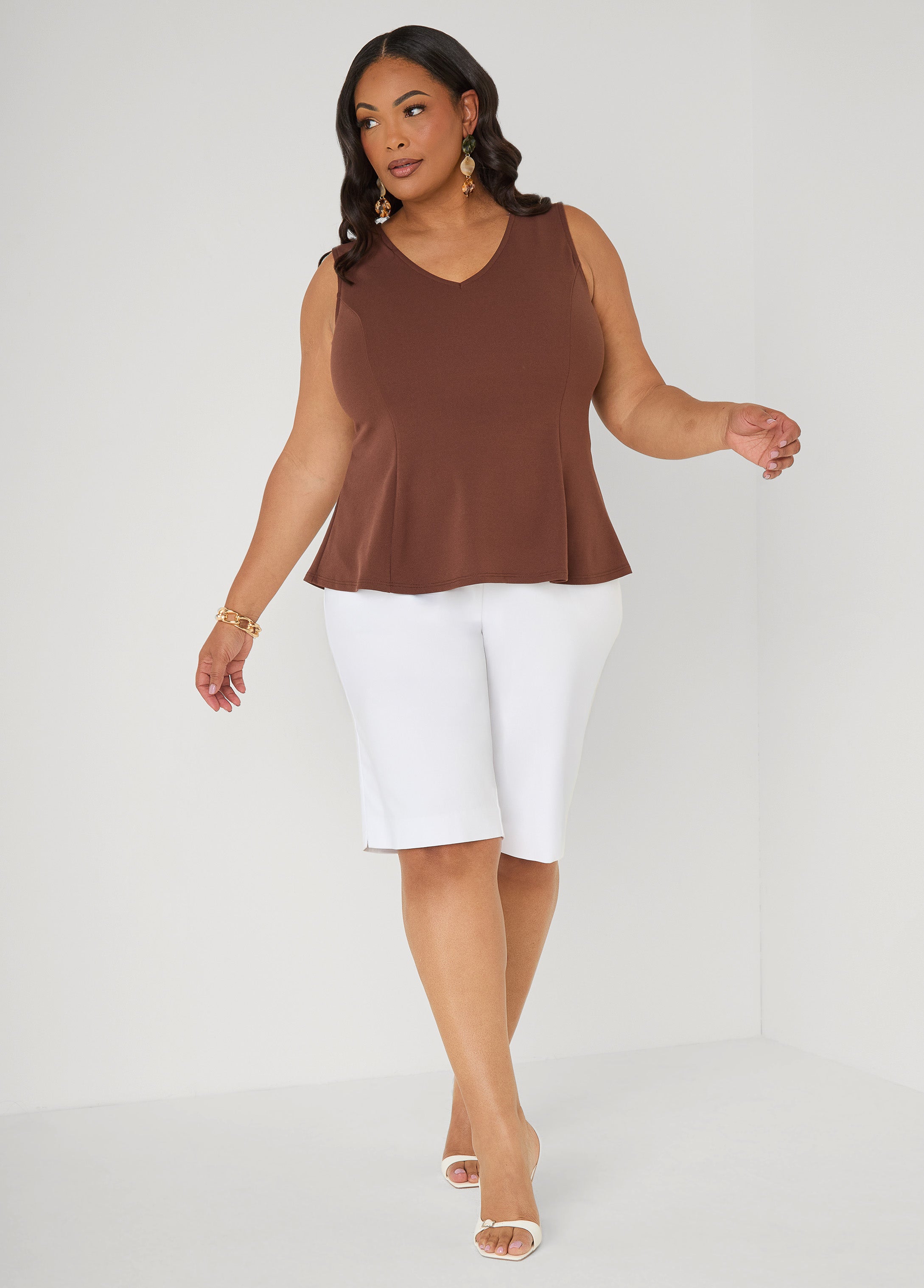 V Neck Stretch Crepe Peplum Top Cocoa | Ashley Stewart