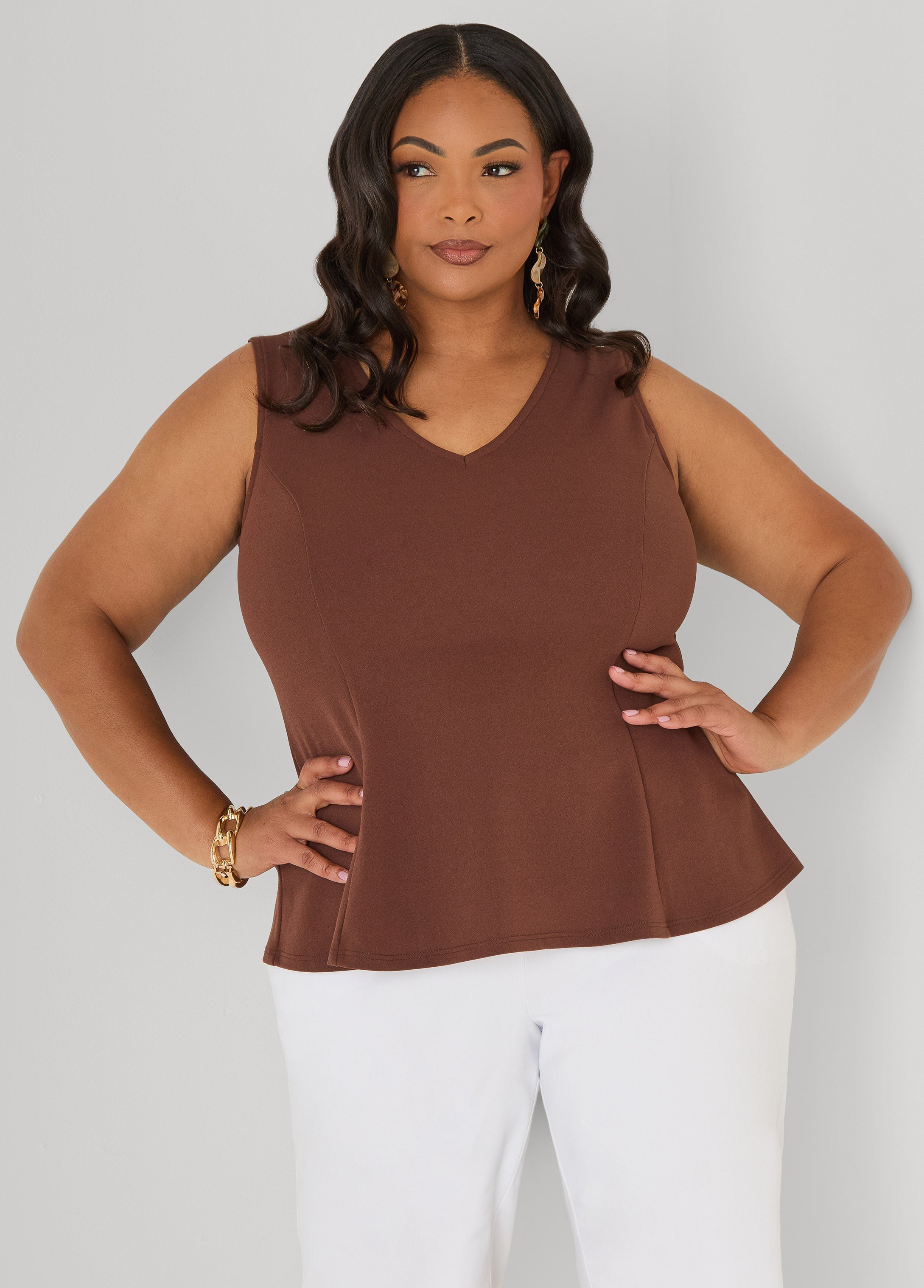 V Neck Stretch Crepe Peplum Top Cocoa | Ashley Stewart