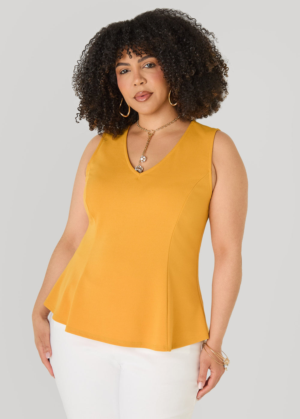V Neck Stretch Crepe Peplum Top Cocoa | Ashley Stewart