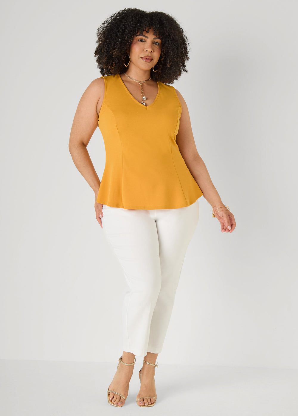 V Neck Stretch Crepe Peplum Top Cocoa | Ashley Stewart