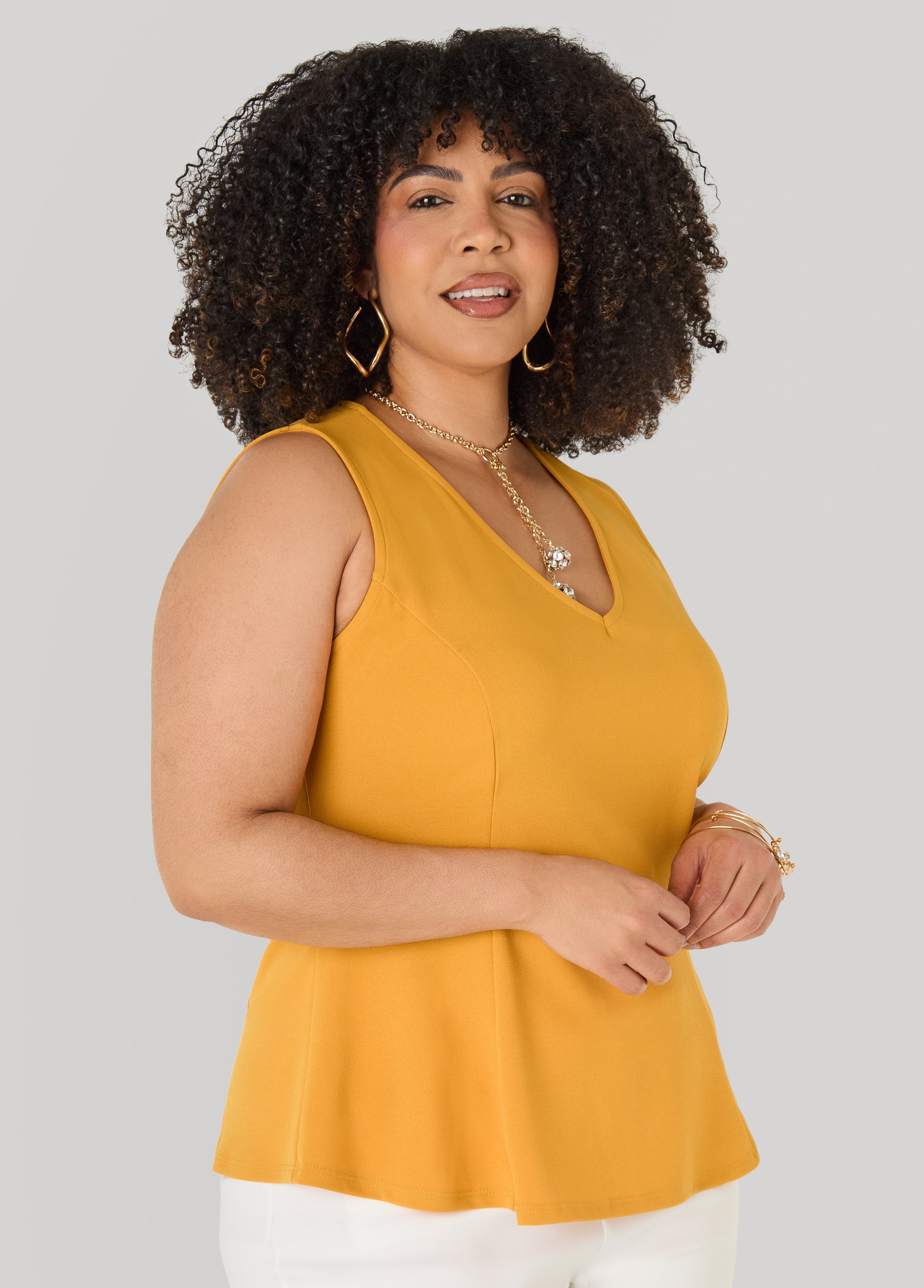 V Neck Stretch Crepe Peplum Top Cocoa | Ashley Stewart
