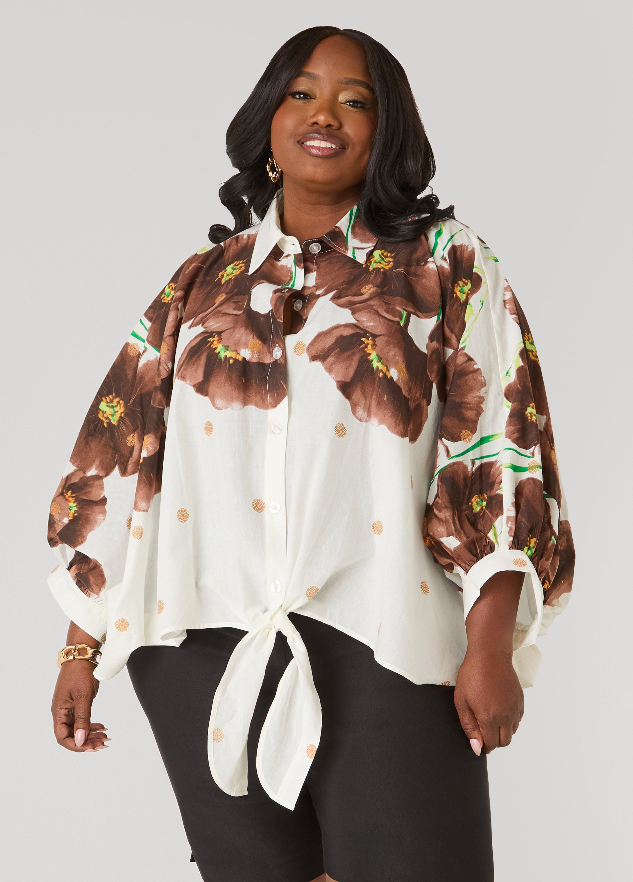 Tie Front Floral Cotton Shirt Brown | Ashley Stewart