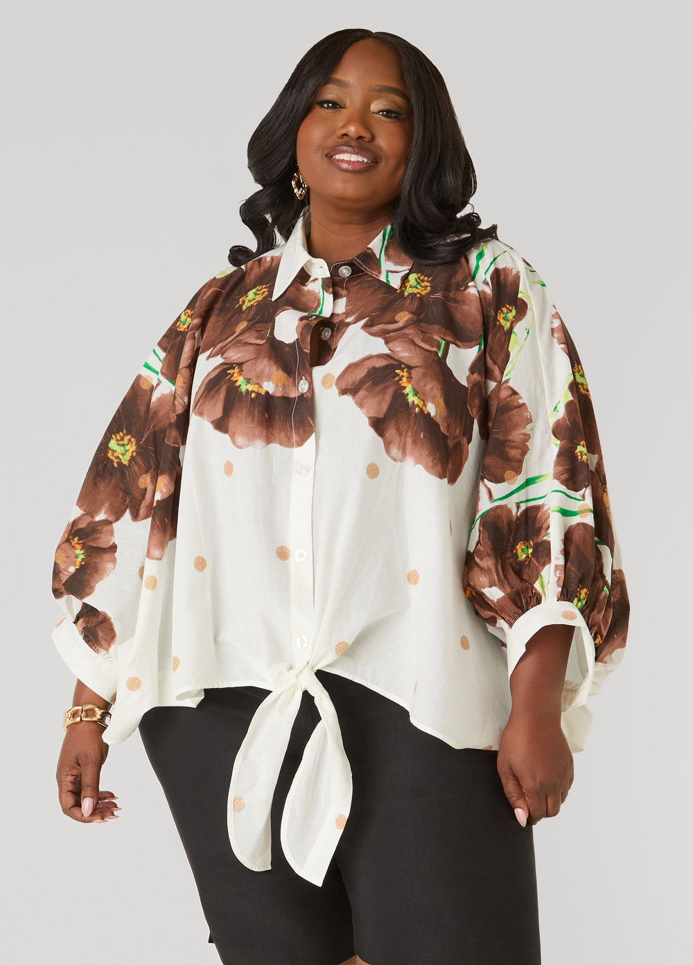 Tie Front Floral Cotton Shirt Brown | Ashley Stewart