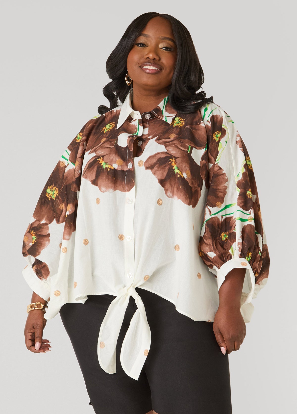 Tie Front Floral Cotton Shirt Brown | Ashley Stewart