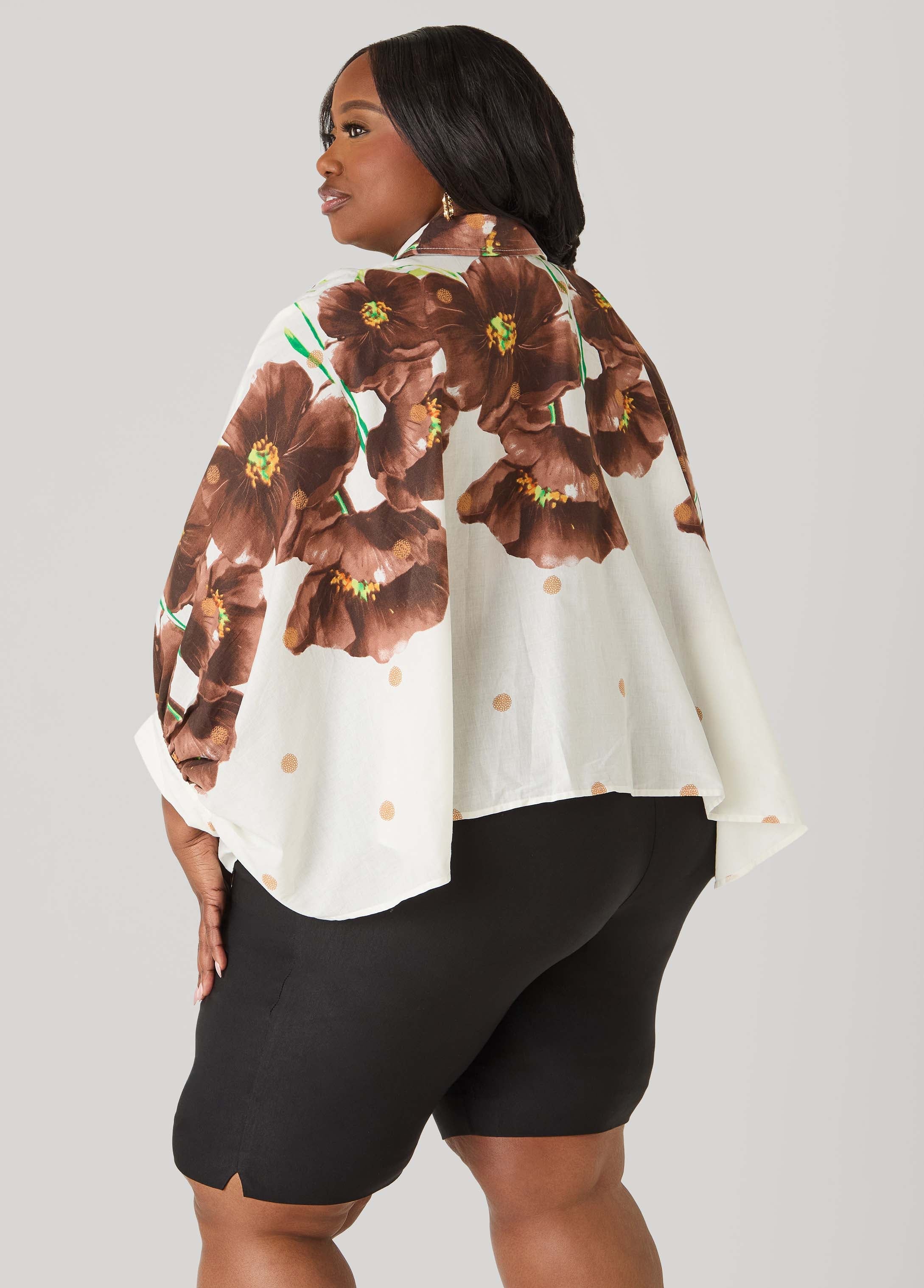 Tie Front Floral Cotton Shirt Brown | Ashley Stewart