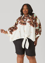 Tie Front Floral Cotton Shirt Brown | Ashley Stewart