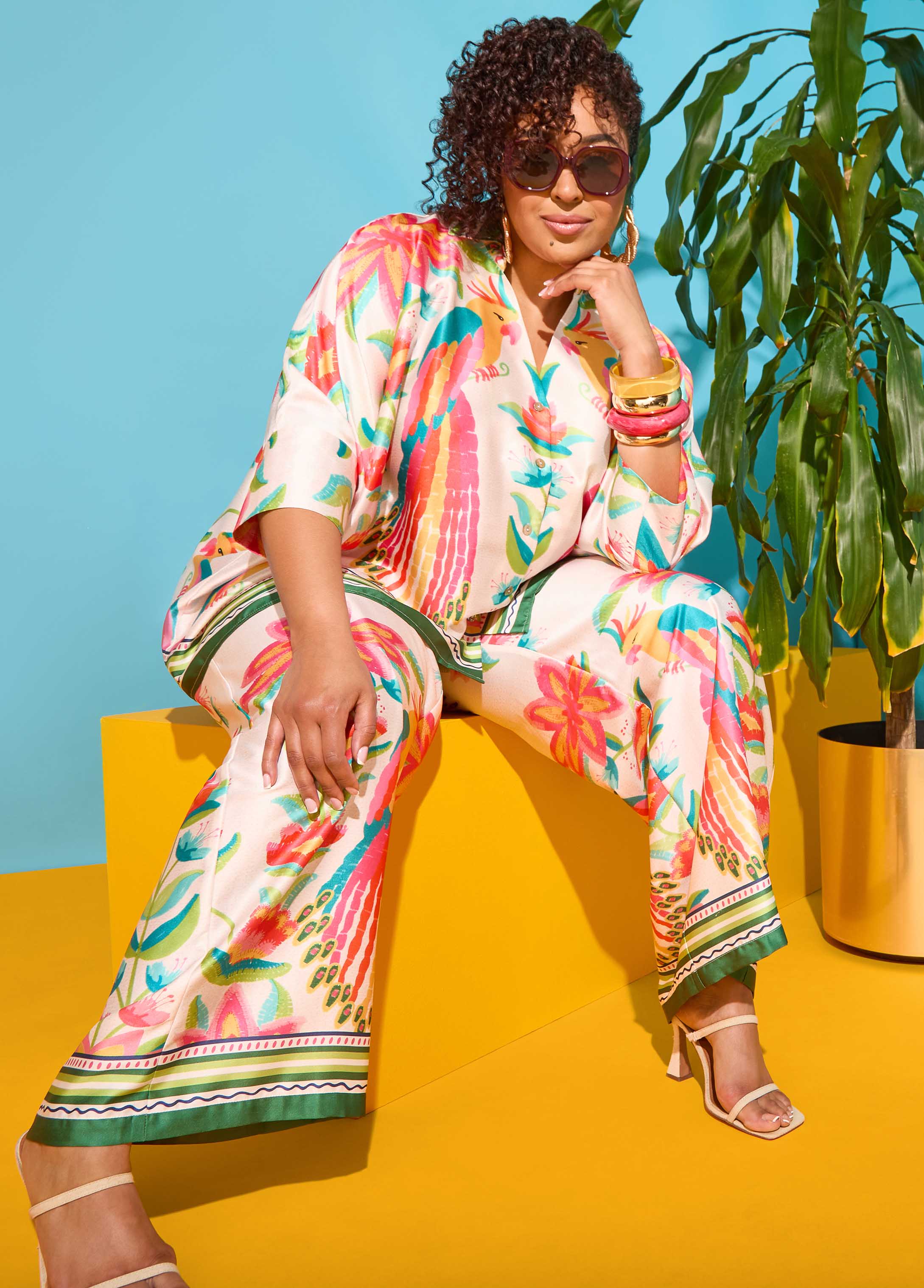 Parrot Print Satin Shirt Multi | Ashley Stewart