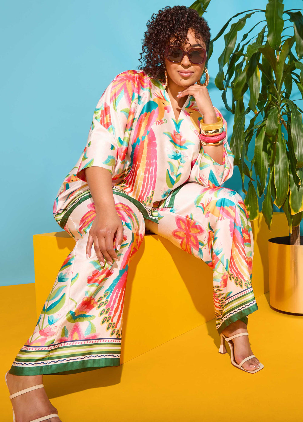 Parrot Print Satin Shirt Multi | Ashley Stewart