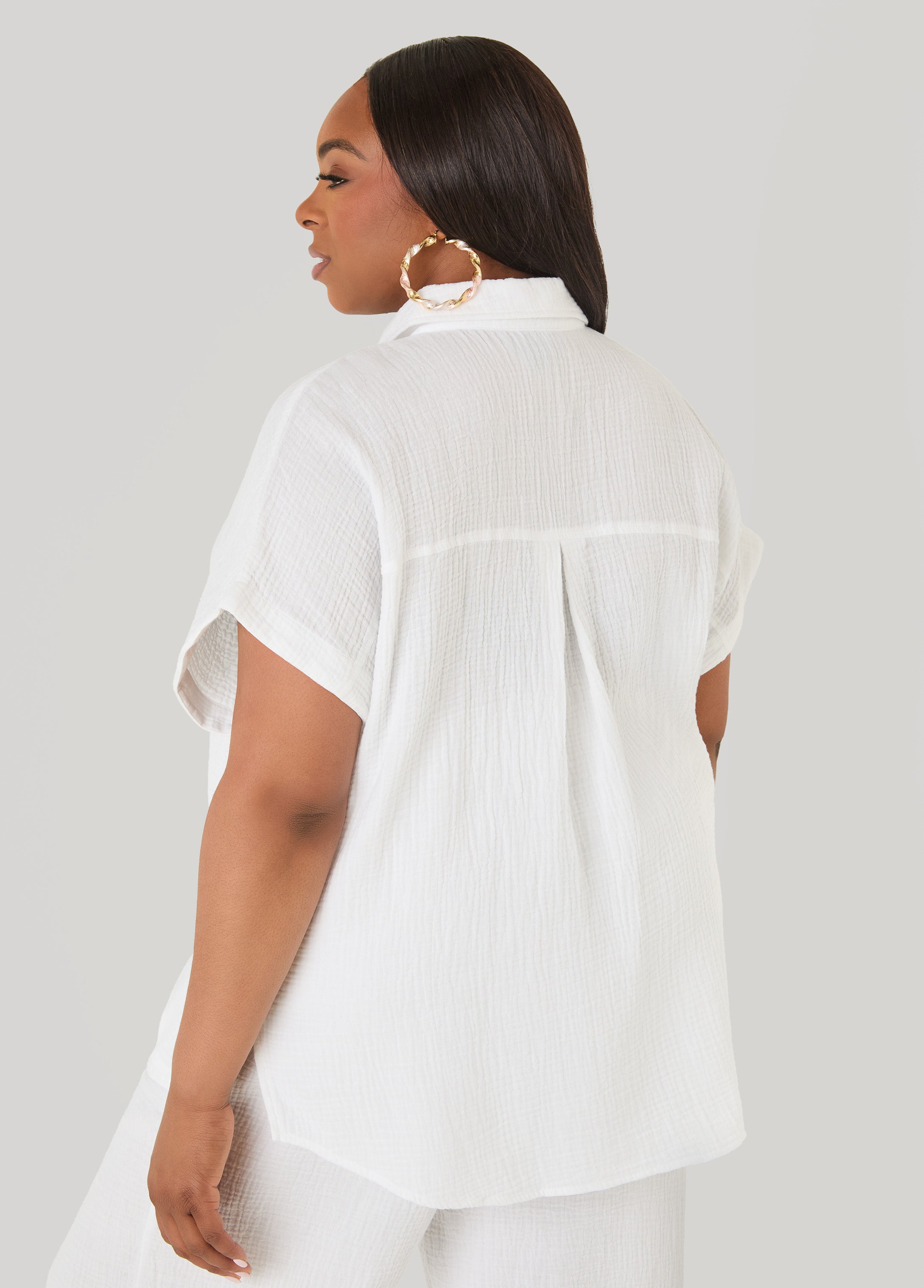 Textured Cotton Gauze Shirt White | Ashley Stewart