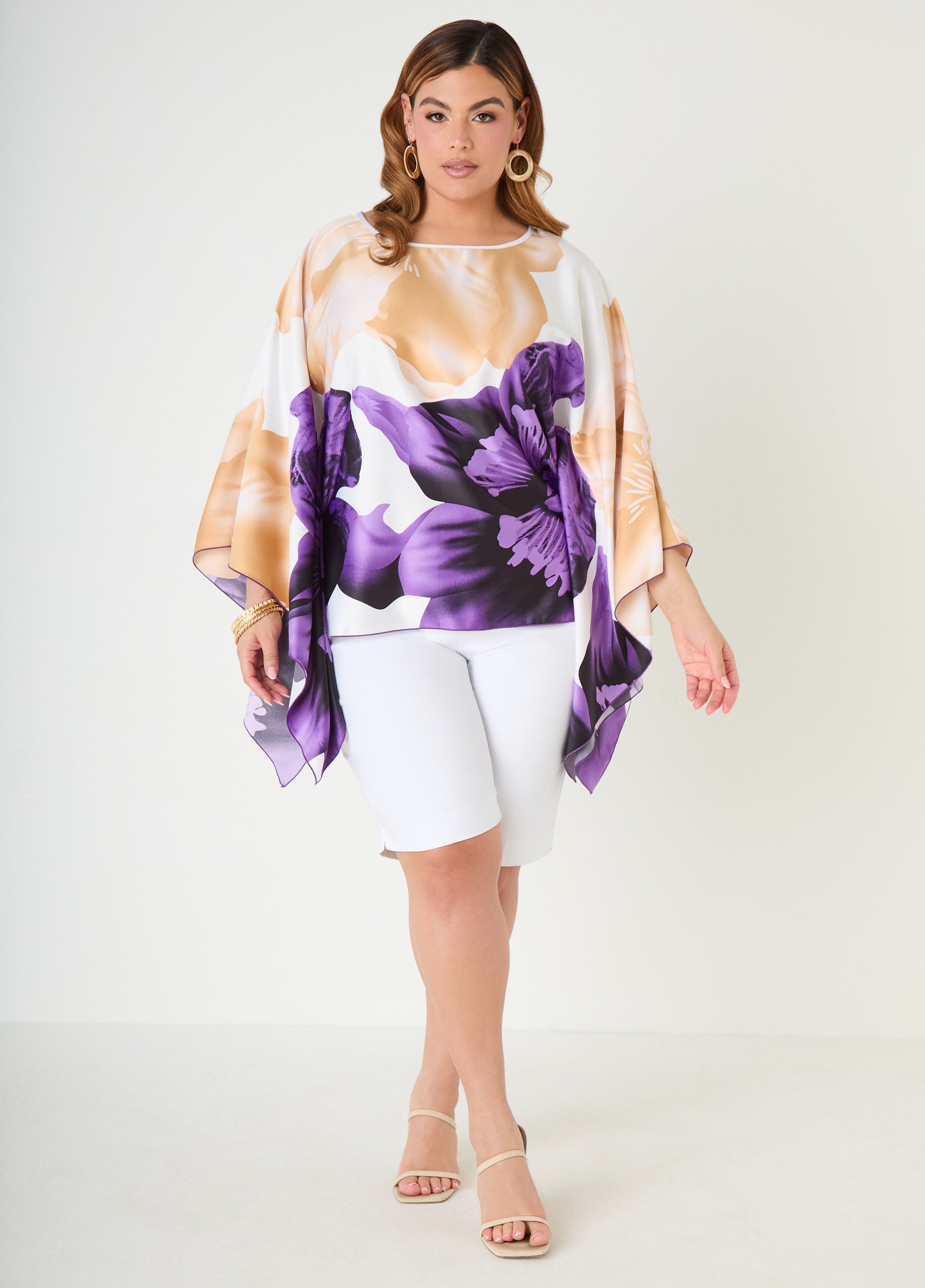 Draped Sleeve Floral Print Tunic Navy Peony | Ashley Stewart