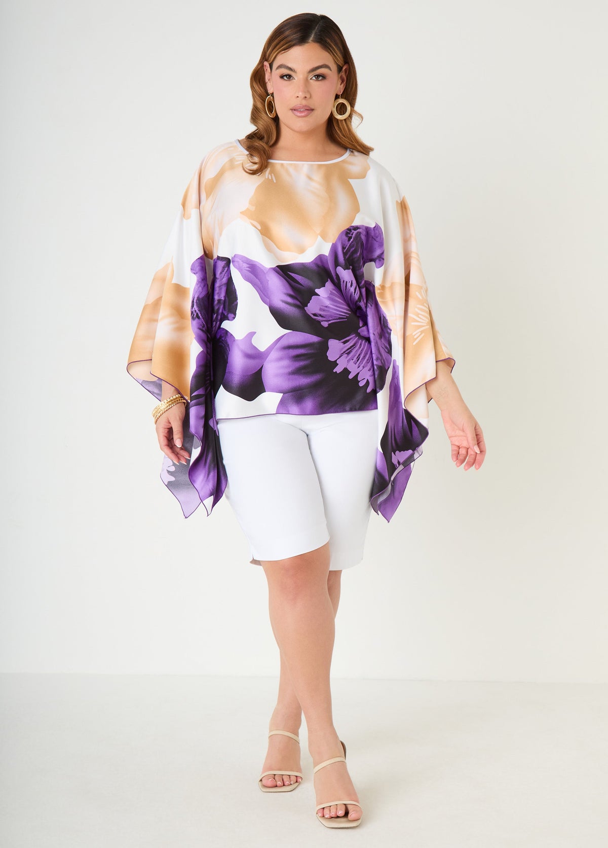 Draped Sleeve Floral Print Tunic Navy Peony | Ashley Stewart