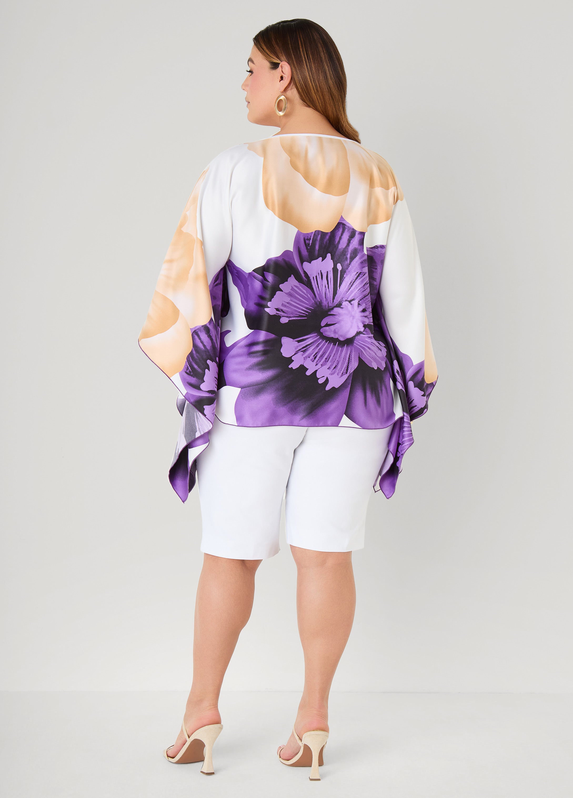 Draped Sleeve Floral Print Tunic Navy Peony | Ashley Stewart
