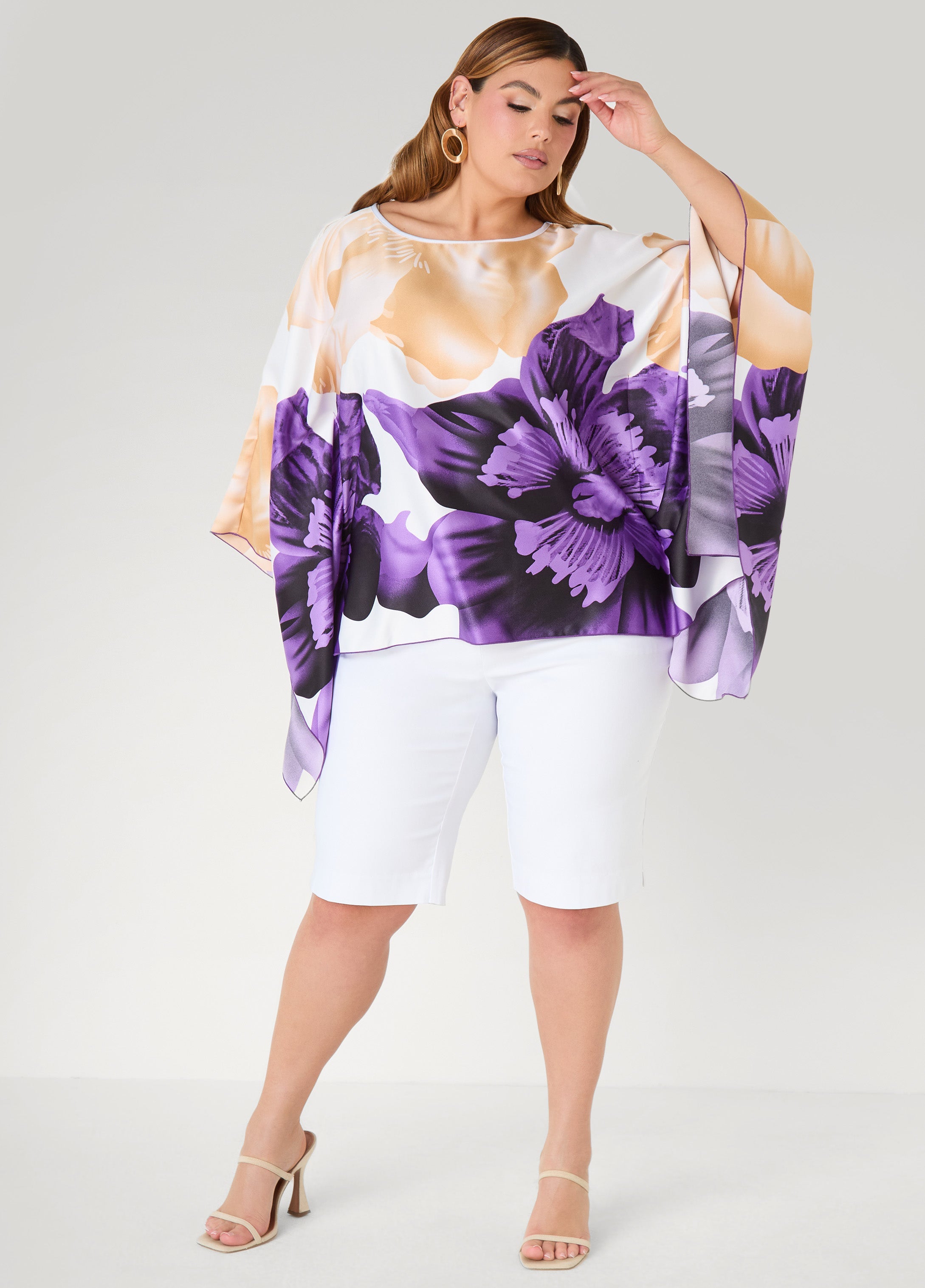 Draped Sleeve Floral Print Tunic Navy Peony | Ashley Stewart