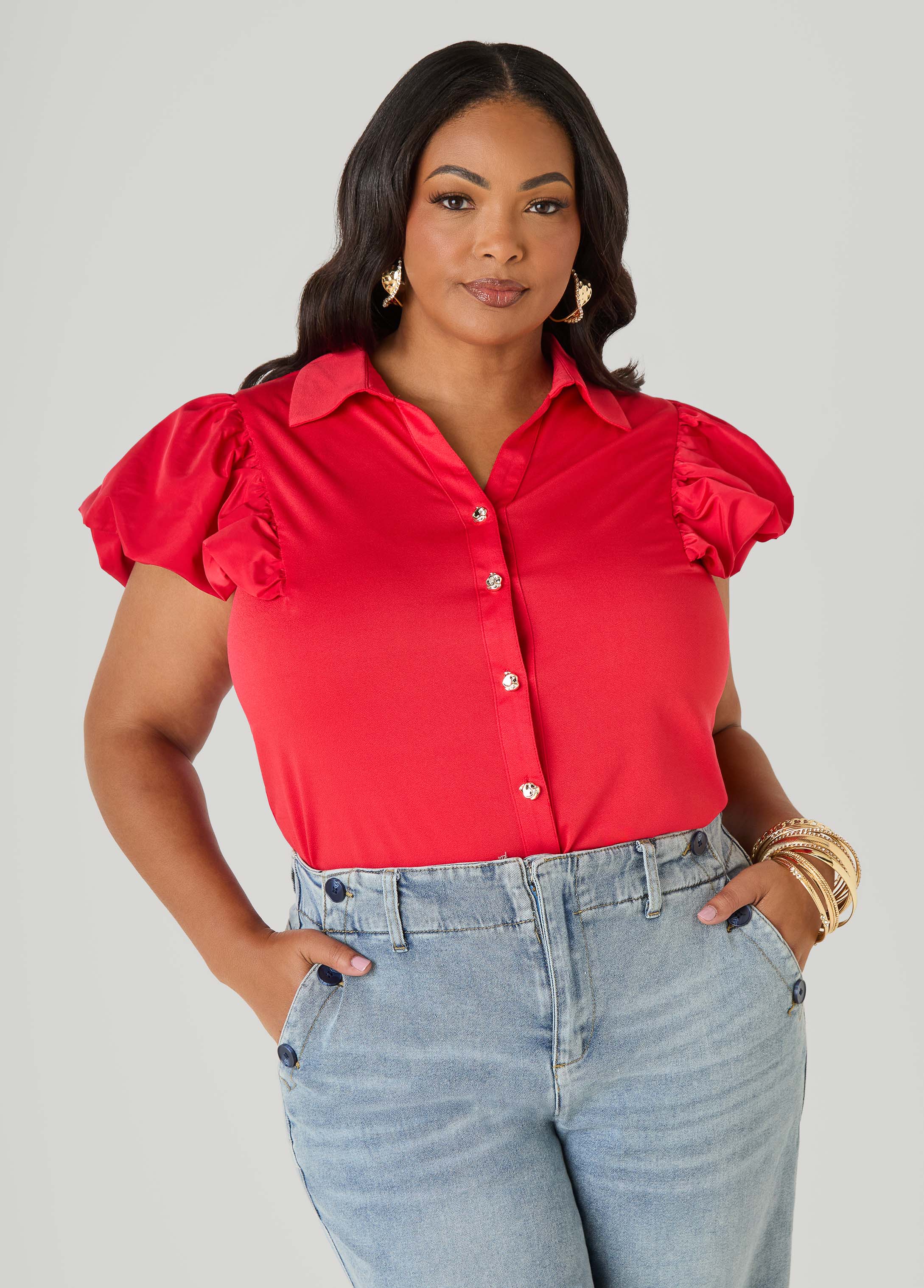 Puff Sleeved Paneled Shirt Poinsettia | Ashley Stewart