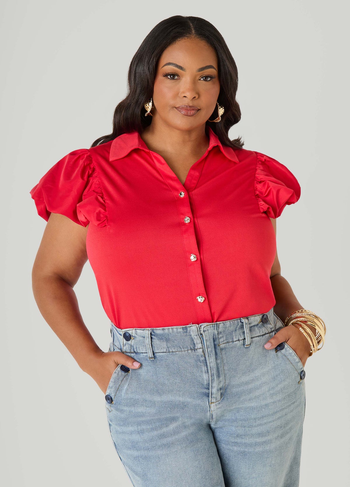 Puff Sleeved Paneled Shirt Poinsettia | Ashley Stewart