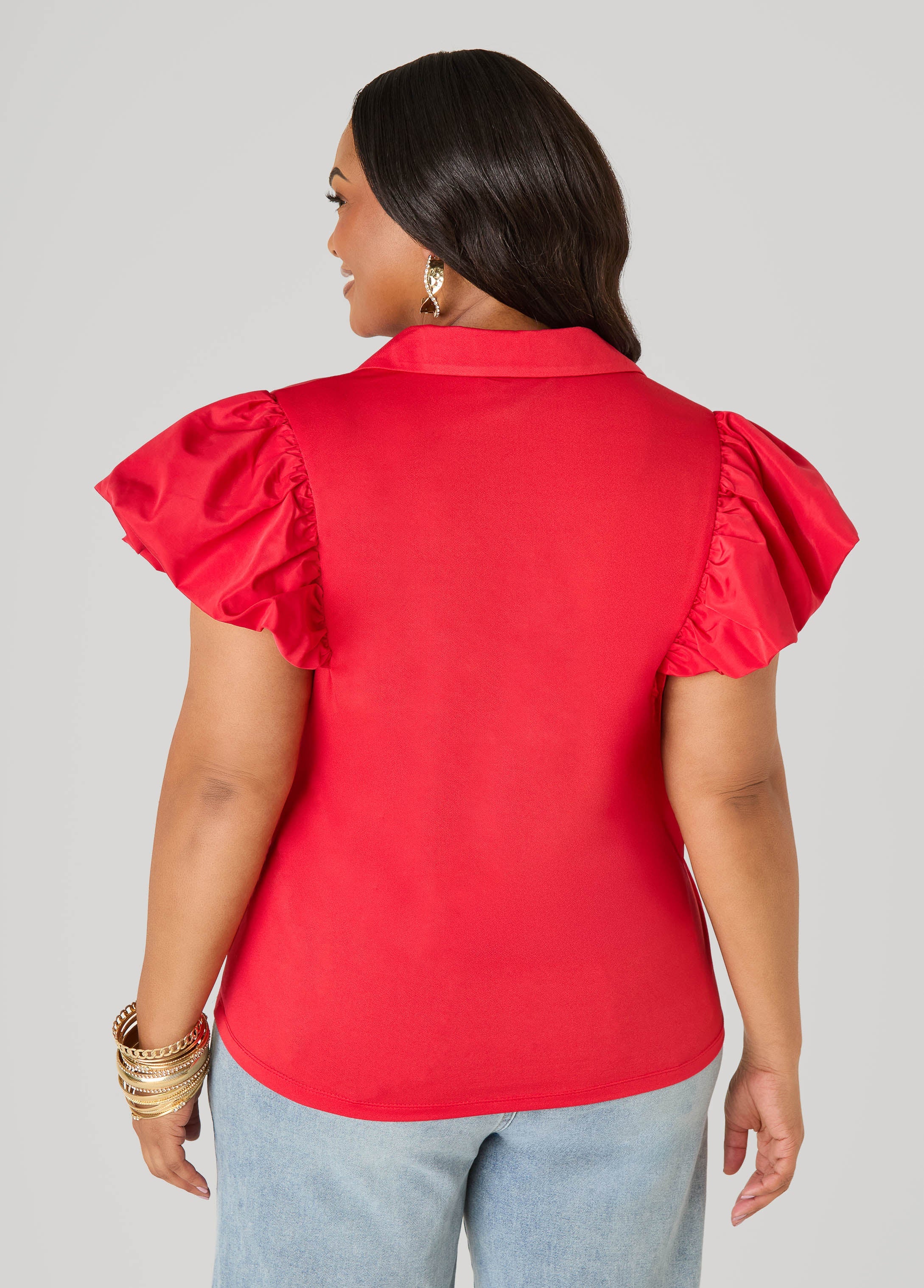 Puff Sleeved Paneled Shirt Poinsettia | Ashley Stewart