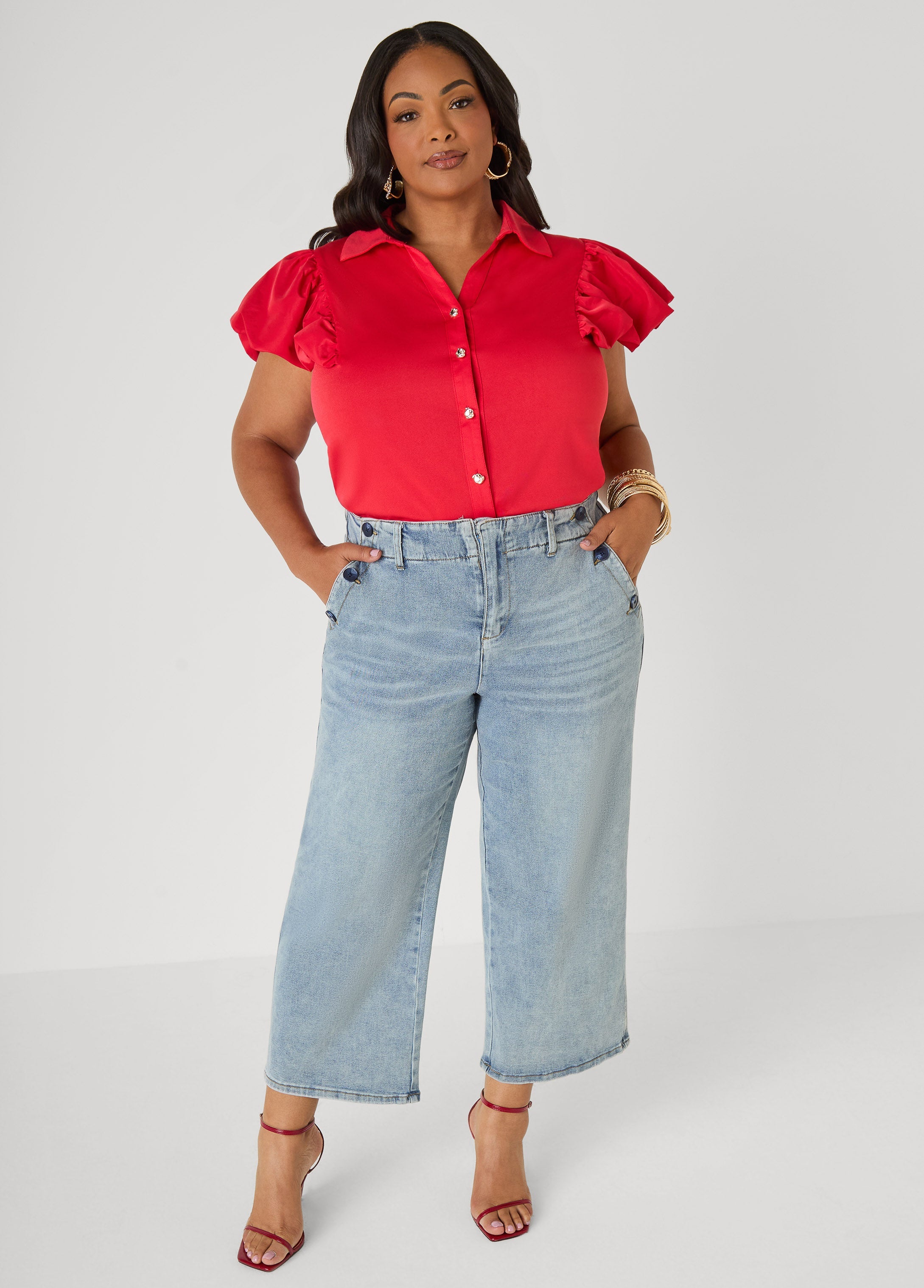 Puff Sleeved Paneled Shirt Poinsettia | Ashley Stewart