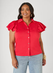 Puff Sleeved Paneled Shirt Poinsettia | Ashley Stewart