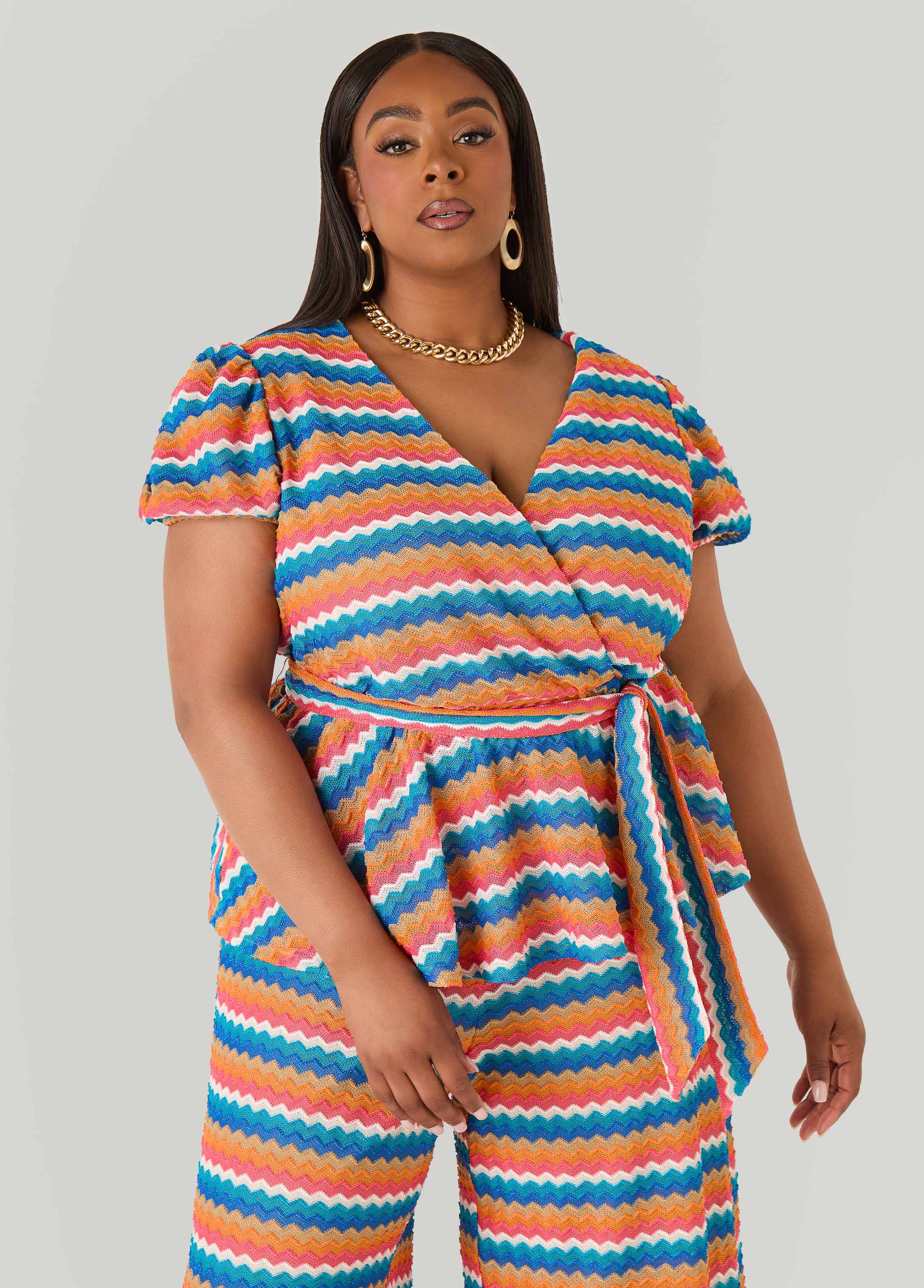 Chevron Knit Faux Wrap Top Caribbean Sea | Ashley Stewart