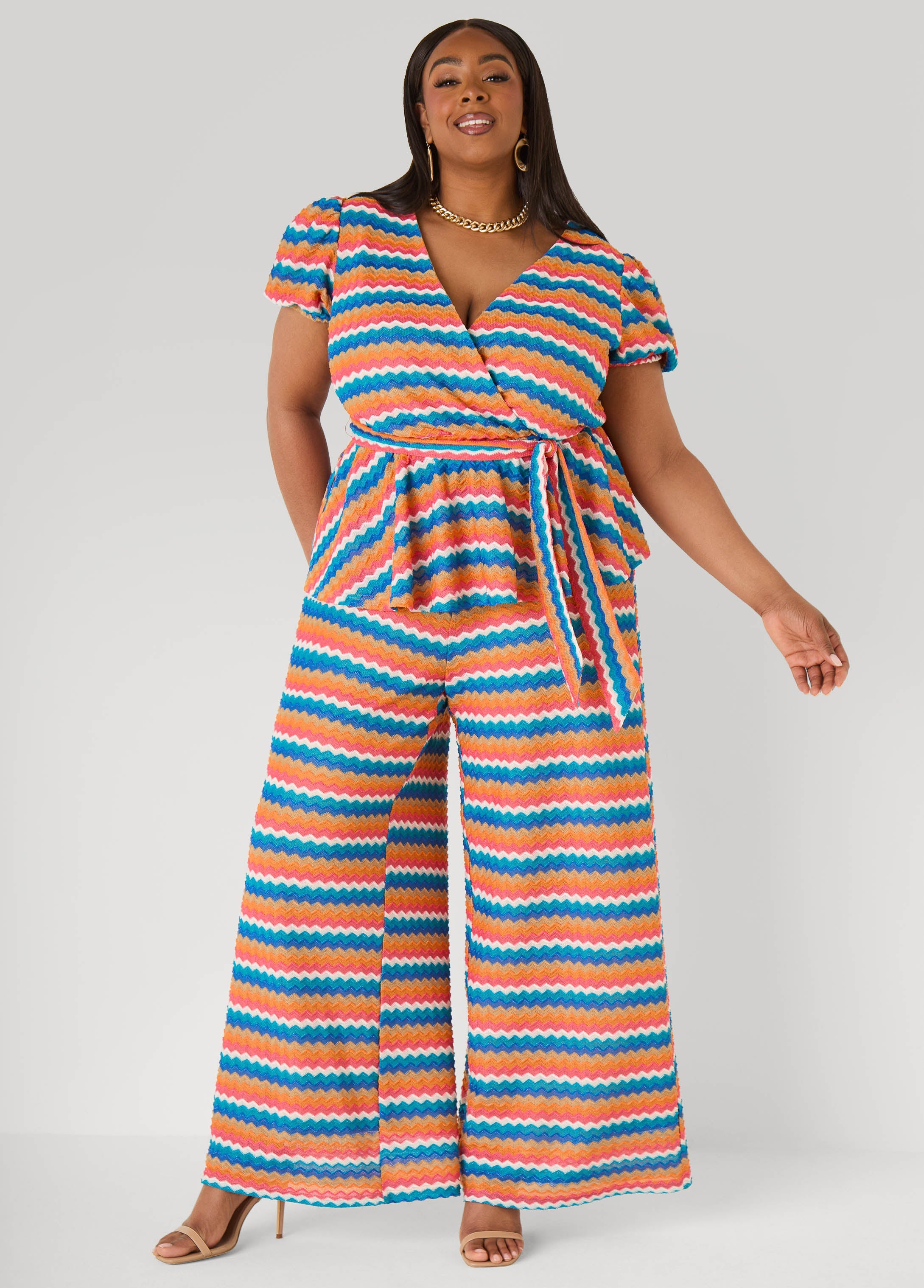 Chevron Knit Faux Wrap Top Caribbean Sea | Ashley Stewart