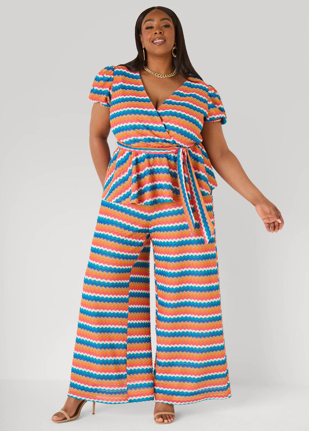 Chevron Knit Faux Wrap Top Caribbean Sea | Ashley Stewart