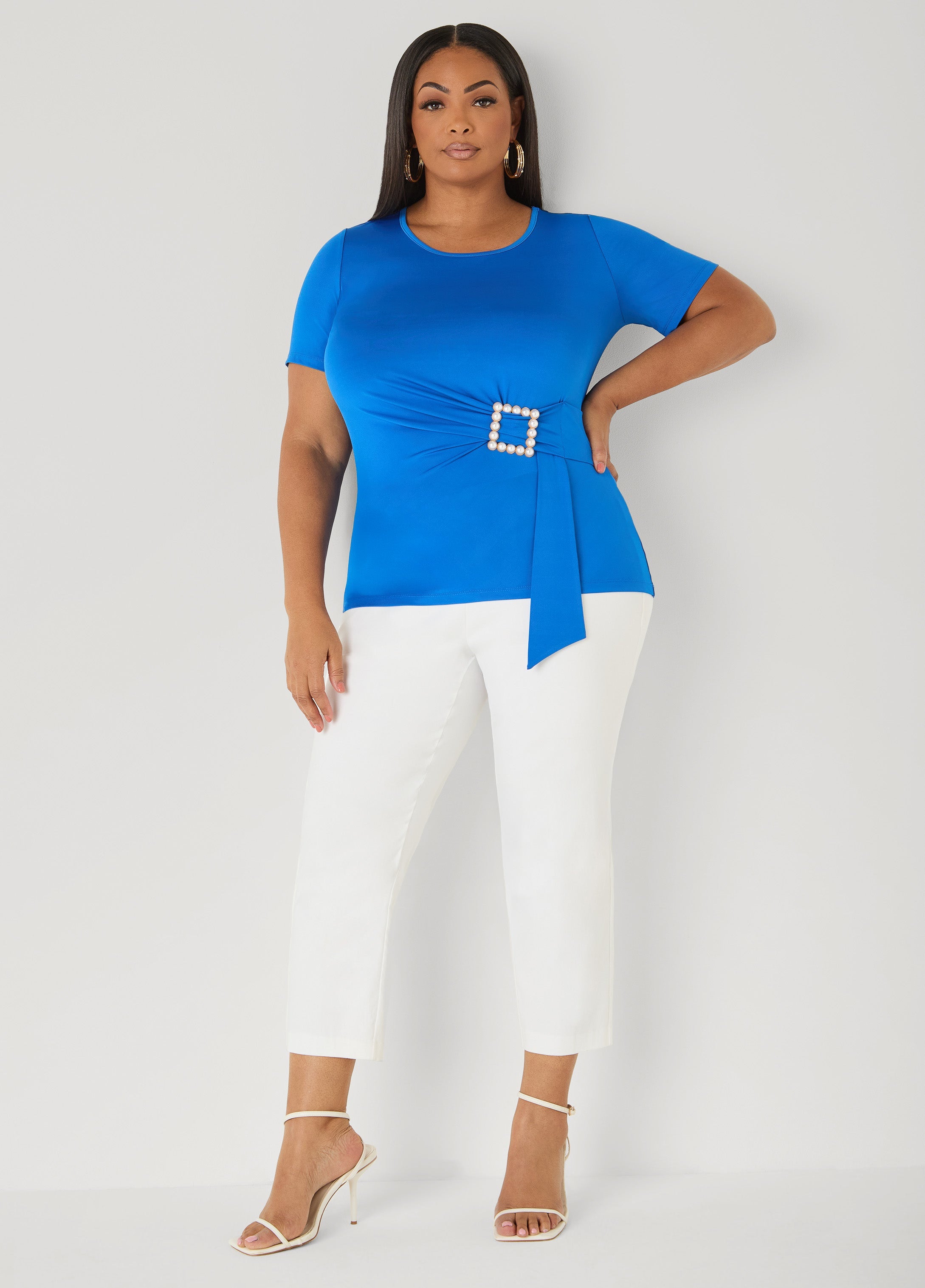 Faux Pearl Brooch Gathered Top Victoria Blue | Ashley Stewart