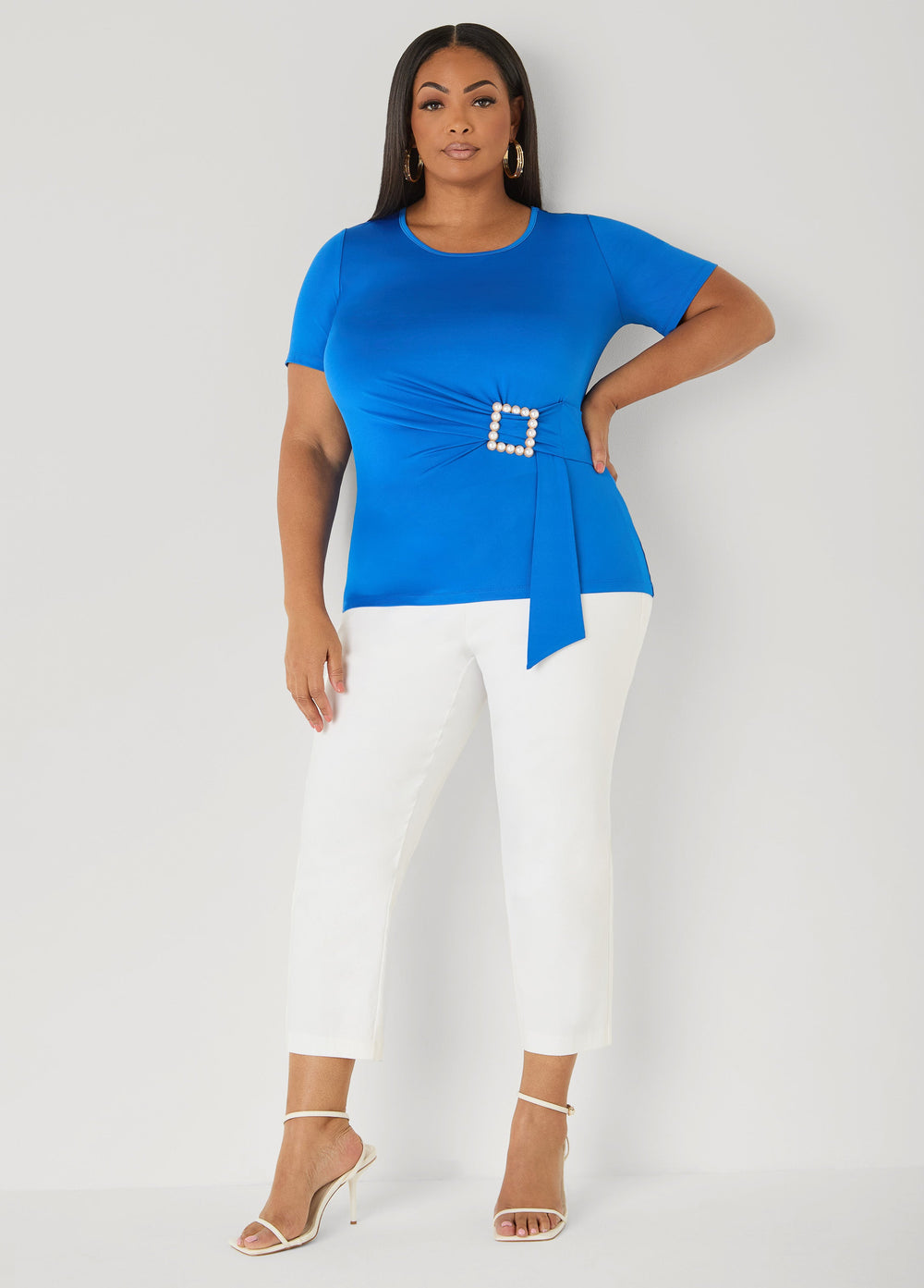 Faux Pearl Brooch Gathered Top Victoria Blue | Ashley Stewart