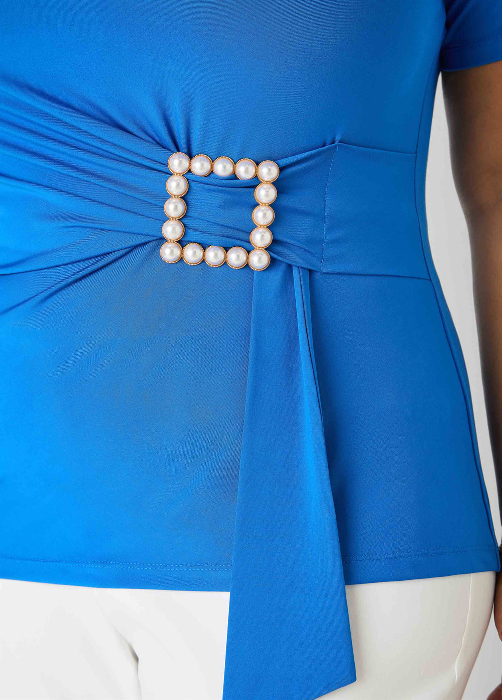 Faux Pearl Brooch Gathered Top Victoria Blue | Ashley Stewart
