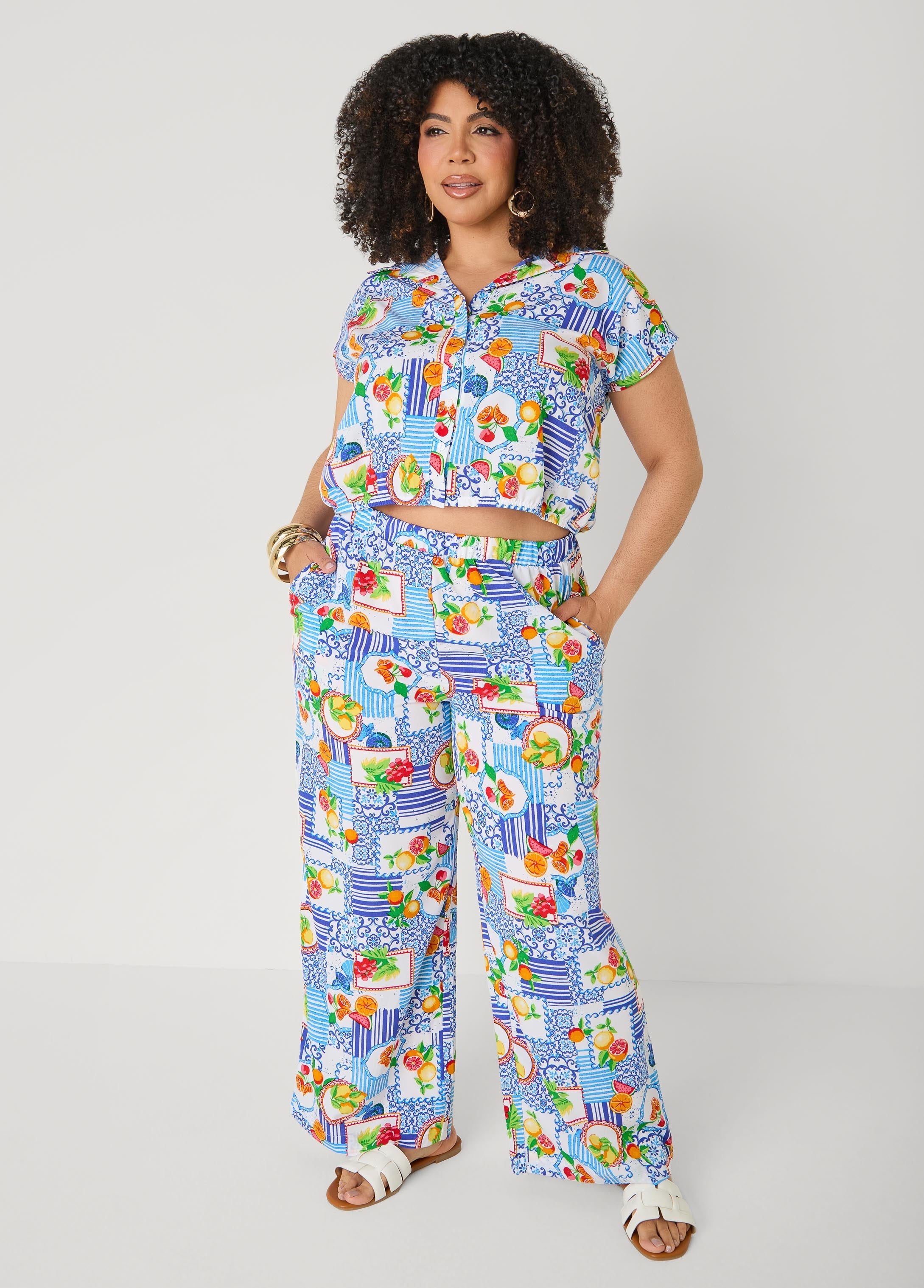 Printed Button Front Cropped Shirt Blue | Ashley Stewart