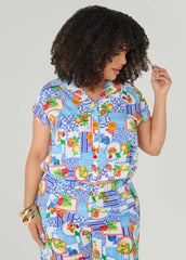 Printed Button Front Cropped Shirt Blue | Ashley Stewart