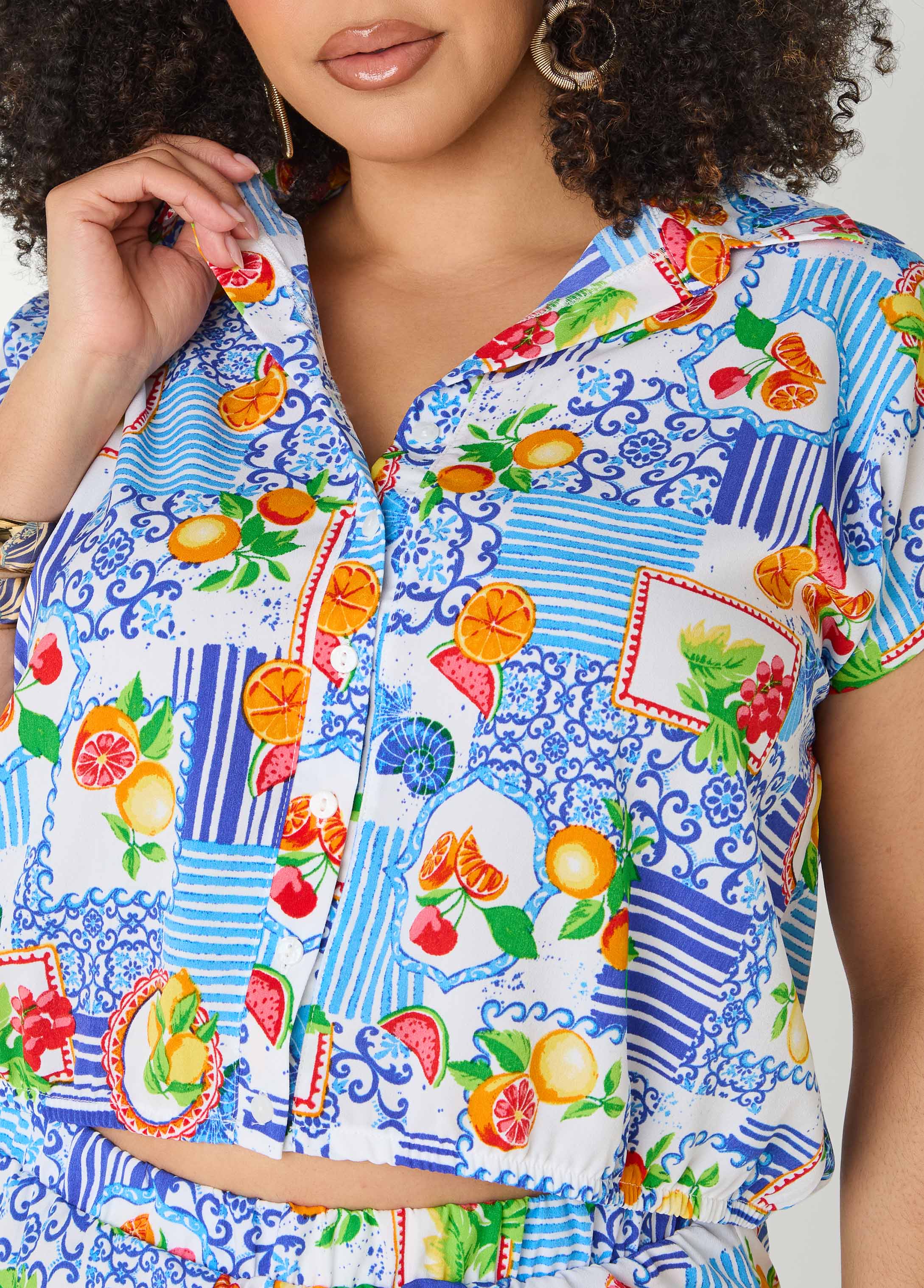 Printed Button Front Cropped Shirt Blue | Ashley Stewart