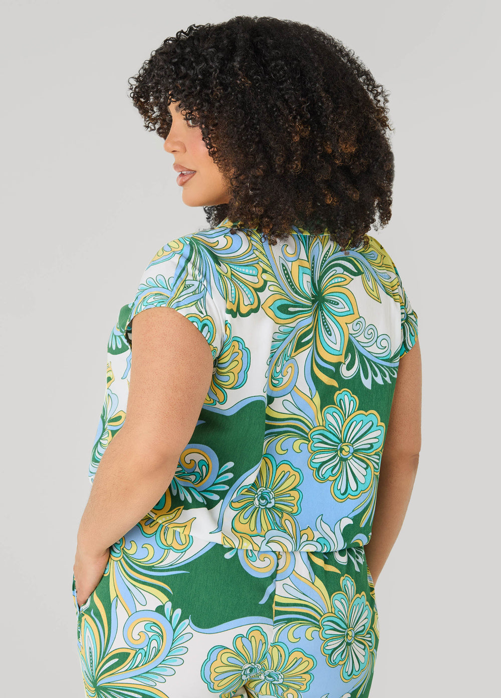 Printed Button Front Cropped Shirt Blue | Ashley Stewart