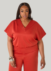 Athletic Knit V Neck Top Rust | Ashley Stewart