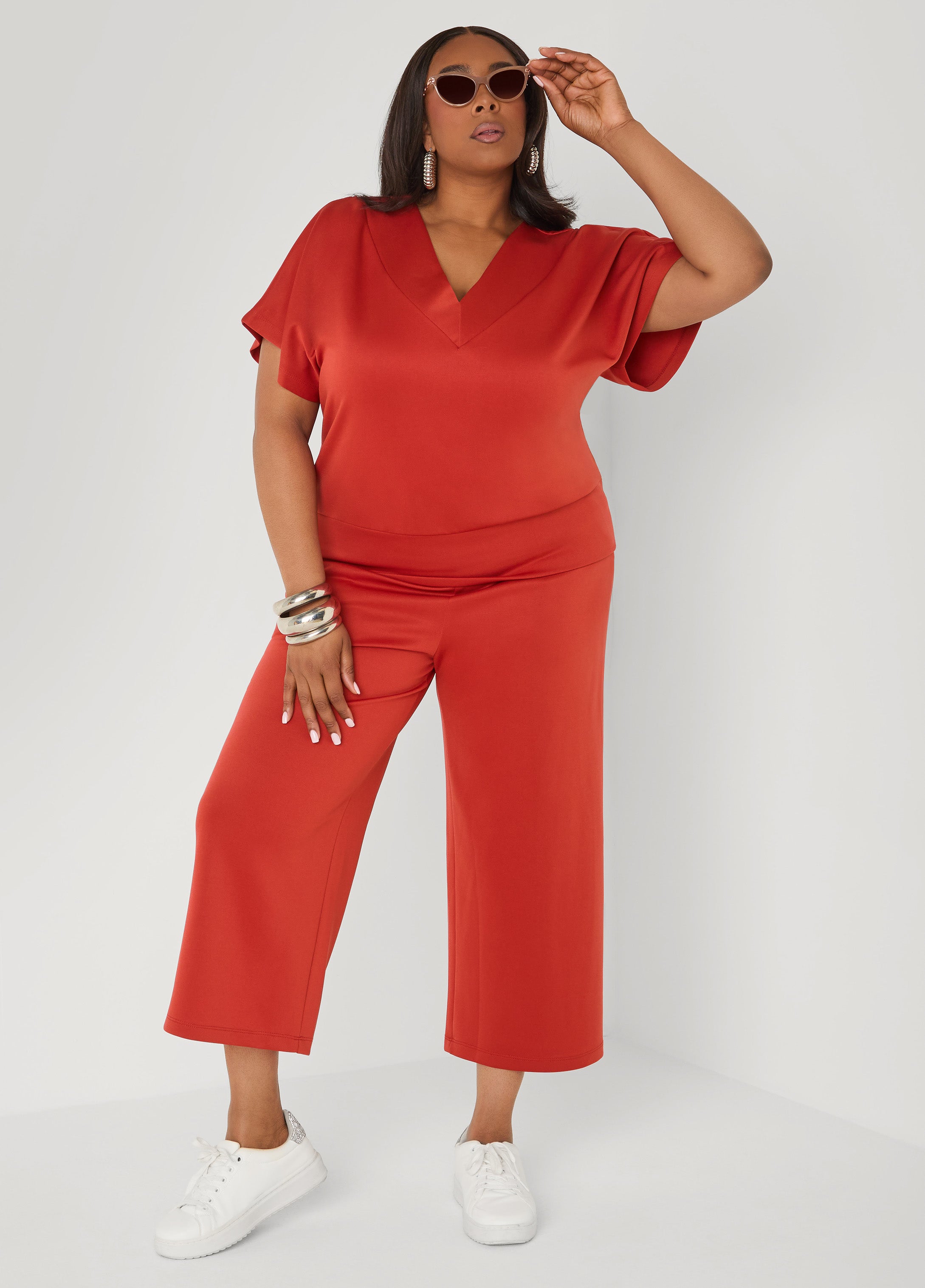 Athletic Knit V Neck Top Rust | Ashley Stewart