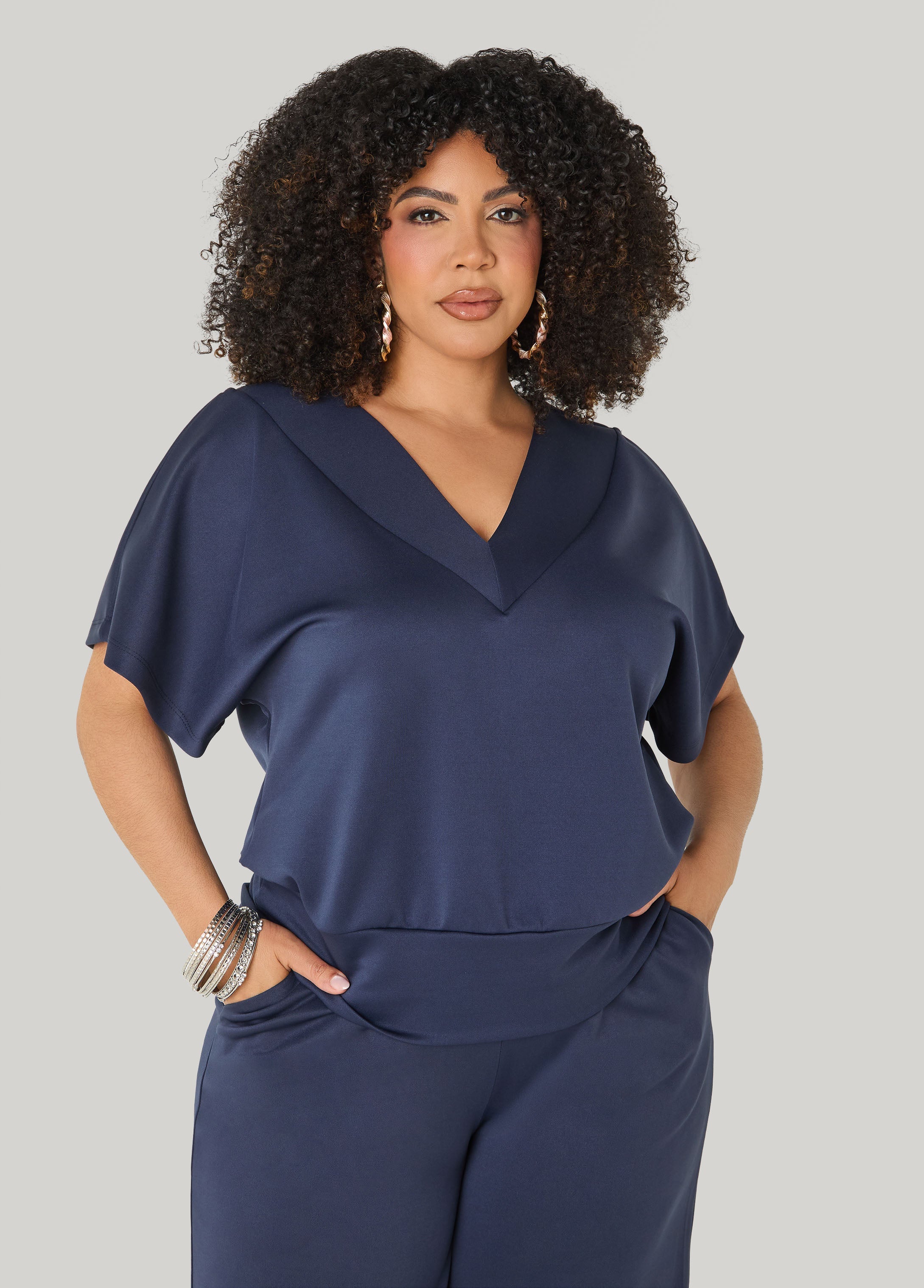 V Neck Athletic Knit Top Navy | Ashley Stewart