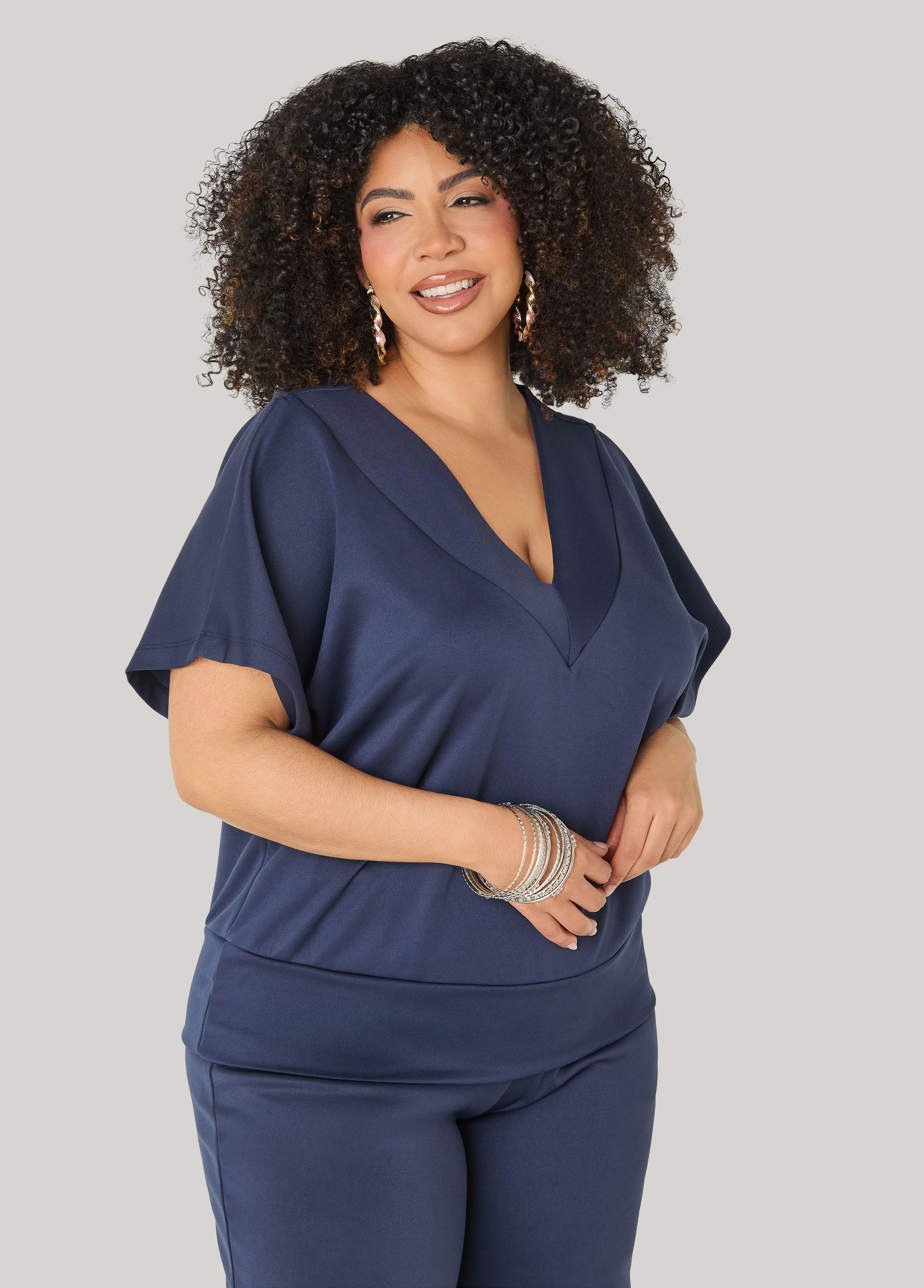 V Neck Athletic Knit Top Navy | Ashley Stewart