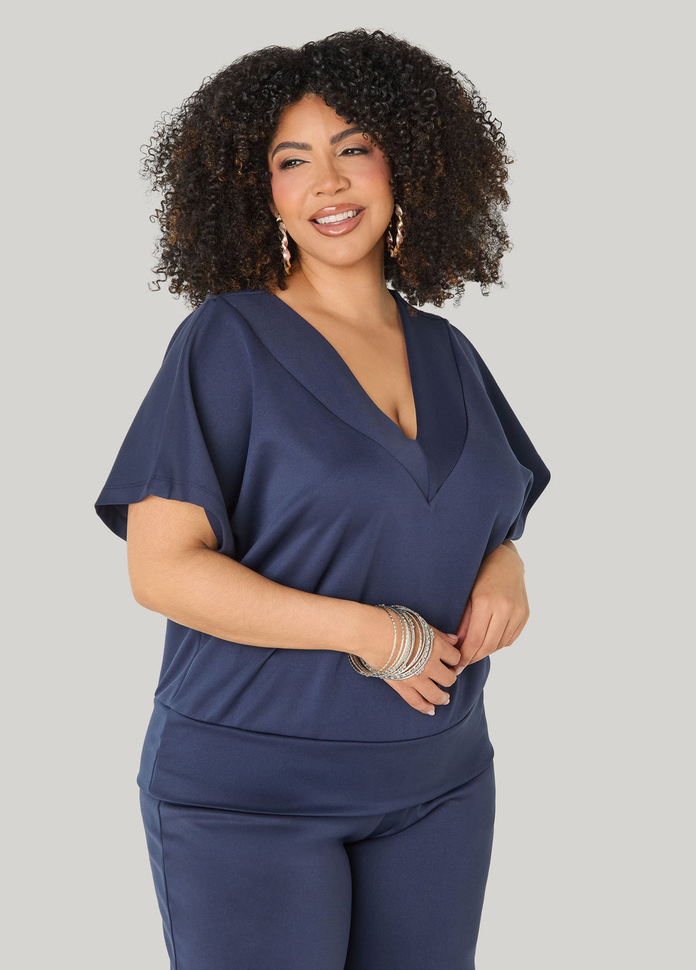 V Neck Athletic Knit Top Navy | Ashley Stewart