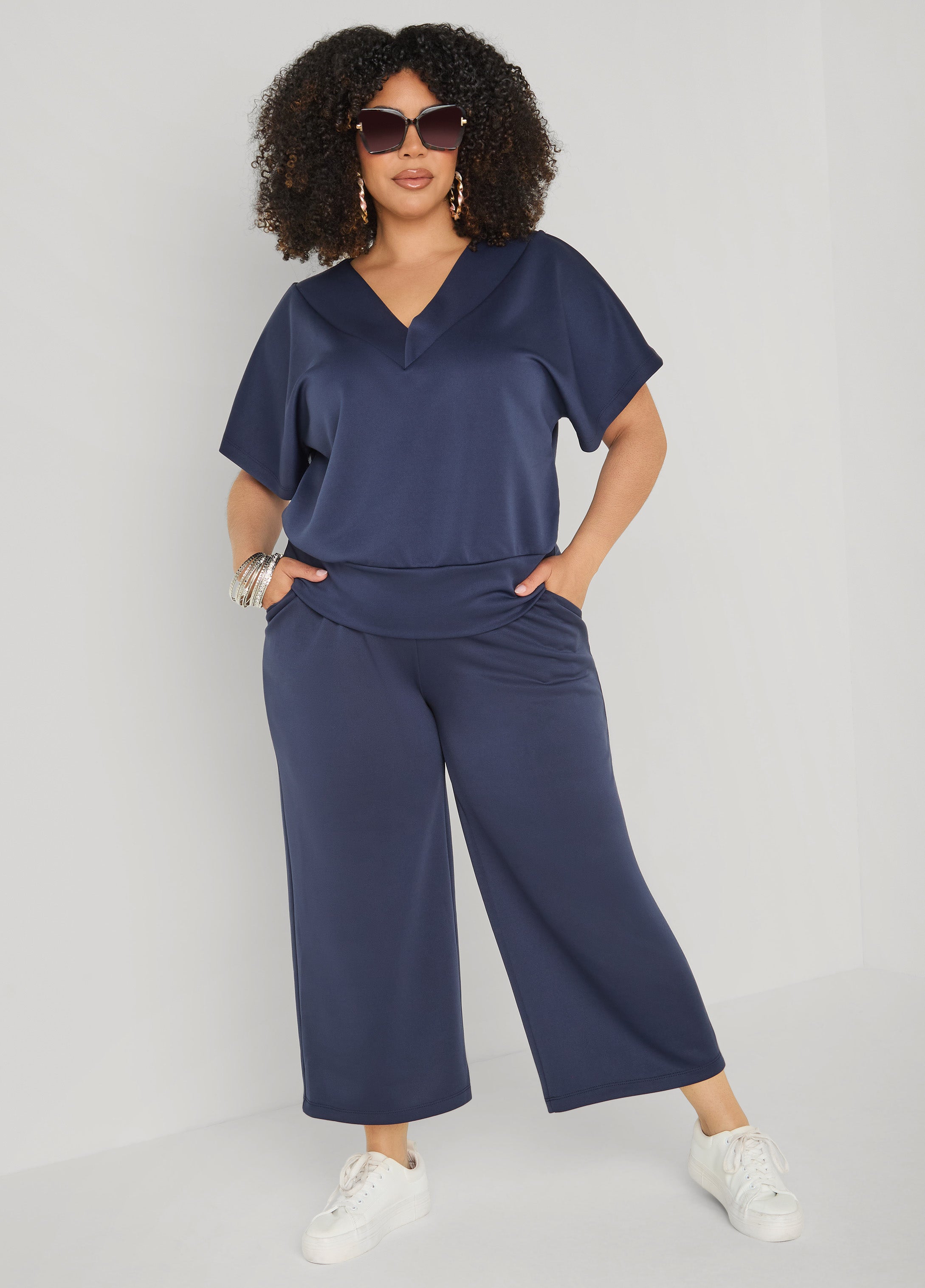 Cropped Athletic Knit Pants Navy | Ashley Stewart