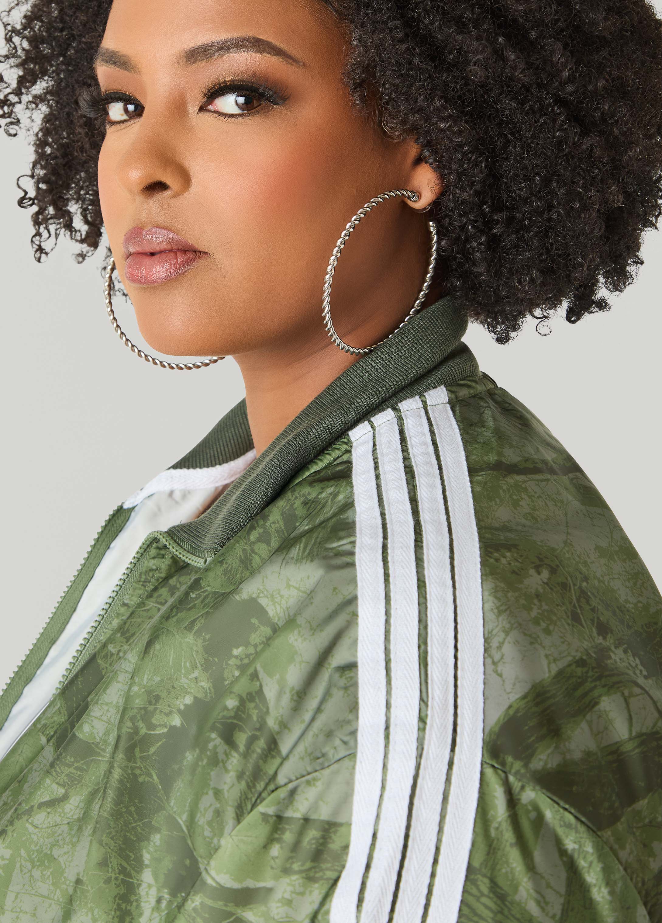 Camo Print Zip Front Jacket Olive | Ashley Stewart
