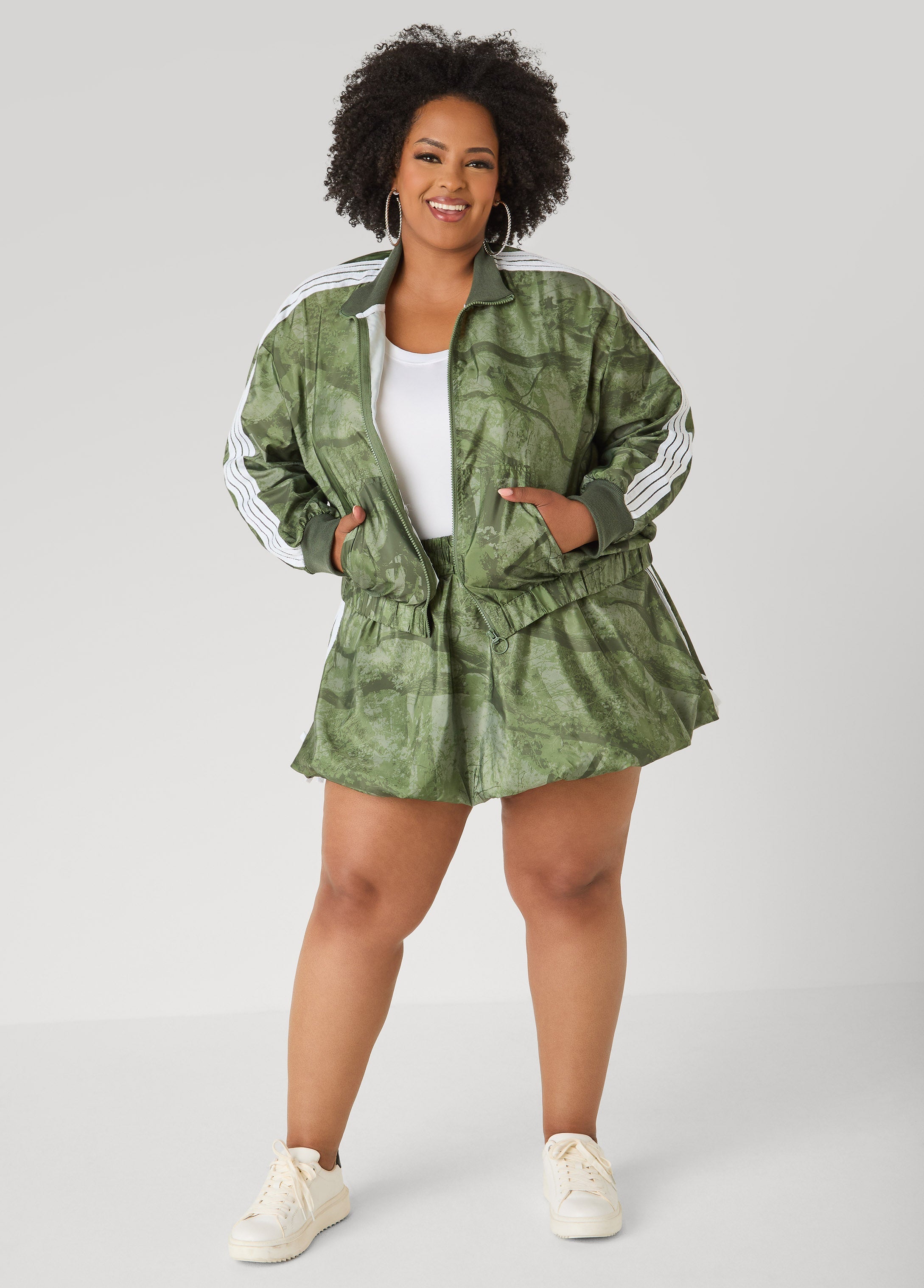 Camo Print Zip Front Jacket Olive | Ashley Stewart