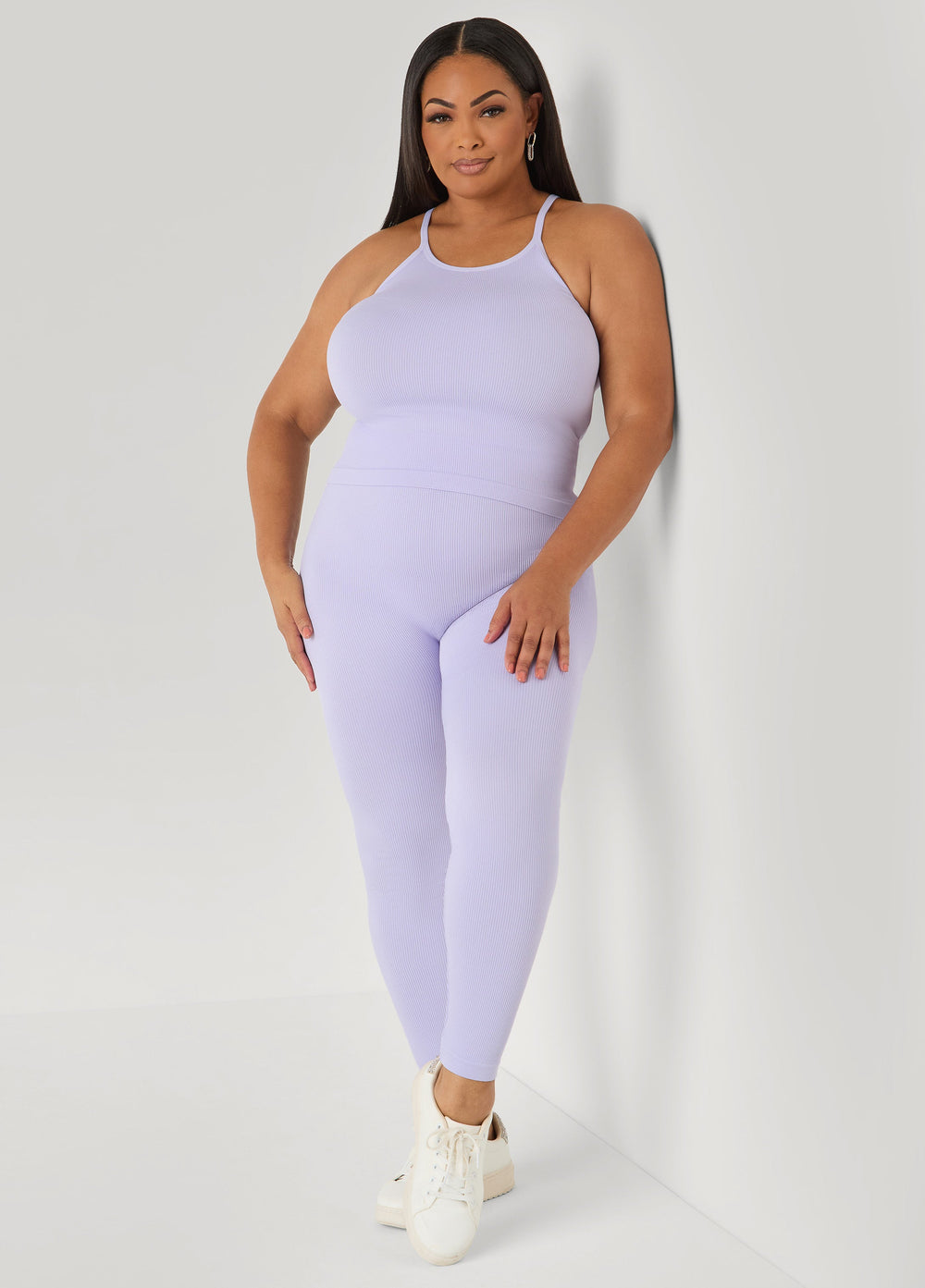 Ribbed Tank And Leggings Set Lavender | Ashley Stewart
