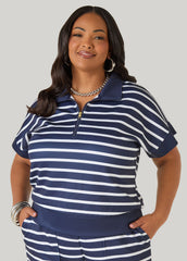 Athletic Knit Striped Pullover Peacoat | Ashley Stewart