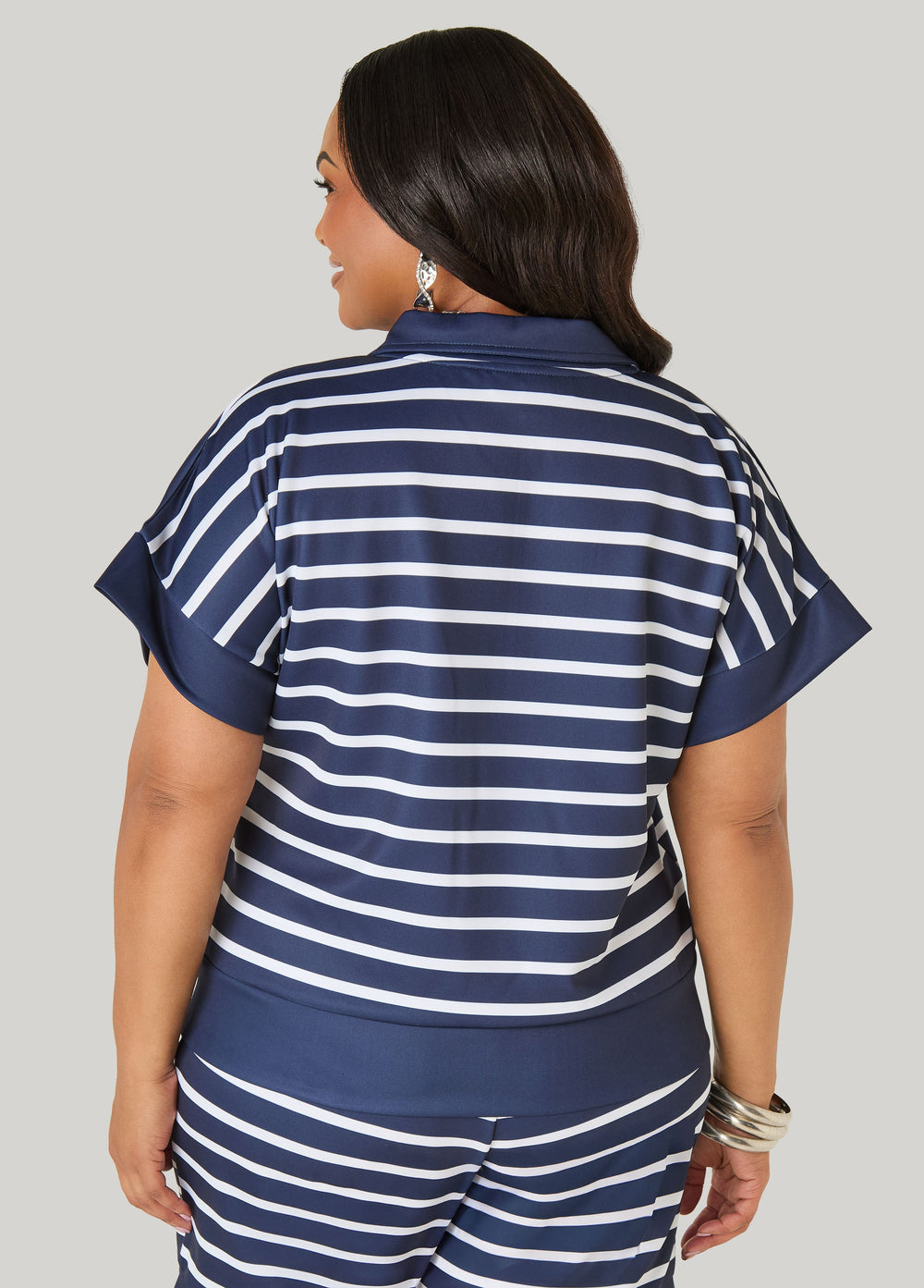 Athletic Knit Striped Pullover Peacoat | Ashley Stewart