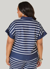 Athletic Knit Striped Pullover Peacoat | Ashley Stewart