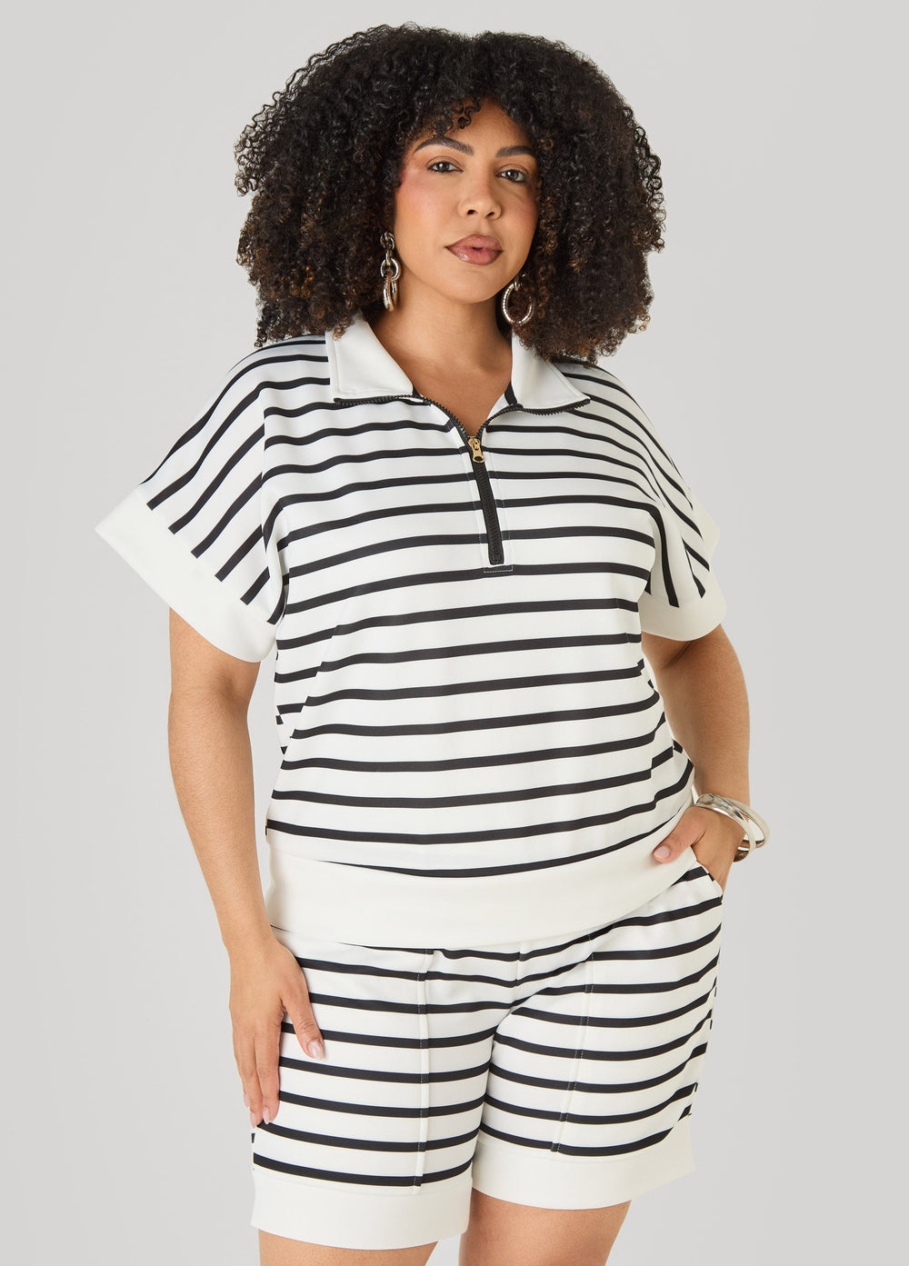 Striped Athletic Knit Pullover Egret | Ashley Stewart