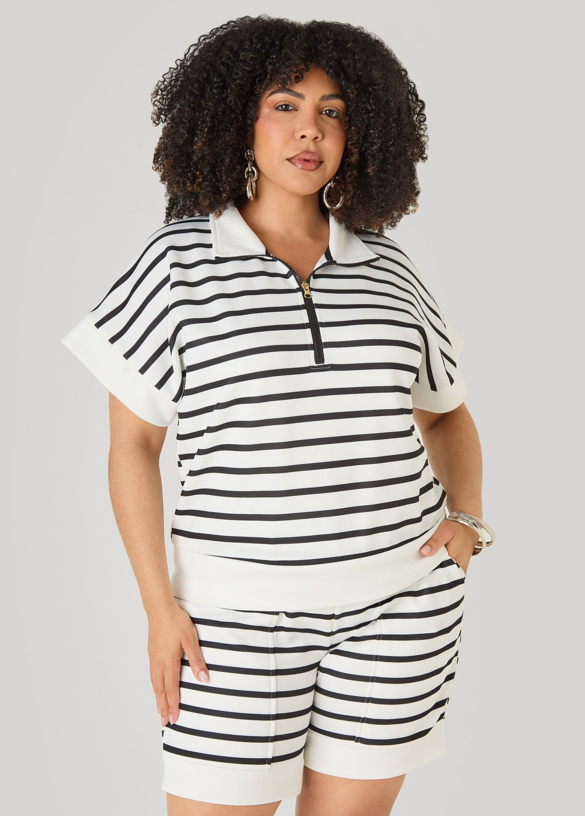 Striped Athletic Knit Pullover Egret | Ashley Stewart