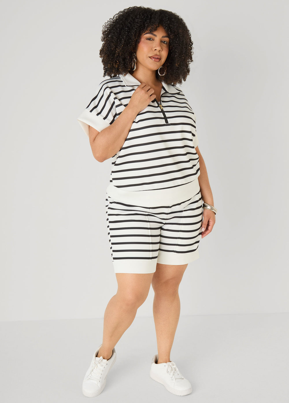 Striped Athletic Knit Pullover Egret | Ashley Stewart